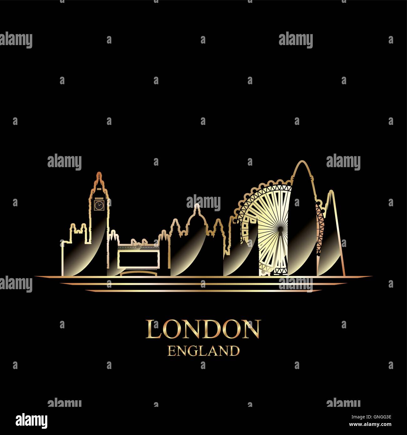 Silhouette d'or de Londres sur fond noir Illustration de Vecteur