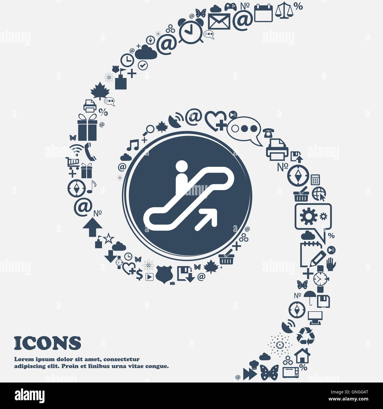 Ascenseur, Escalator, icône escalier signer dans la centre. Autour de la beaucoup de beaux symboles torsadés en spirale. Vous pouvez utiliser chaque Illustration de Vecteur