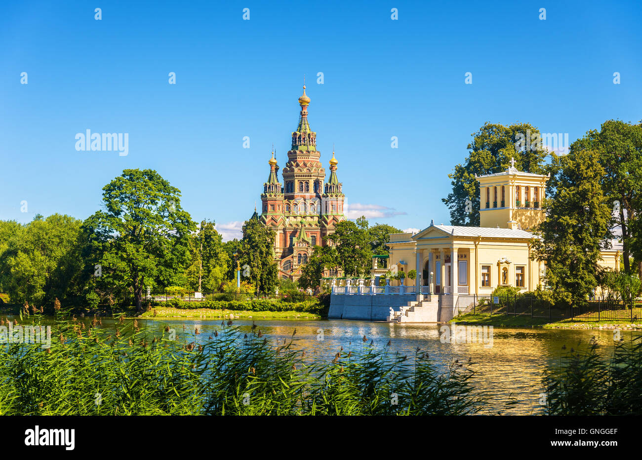 Saint-pierre et Paul Cathédrale et l'étang d'Olga à Peterhof - Banque D'Images