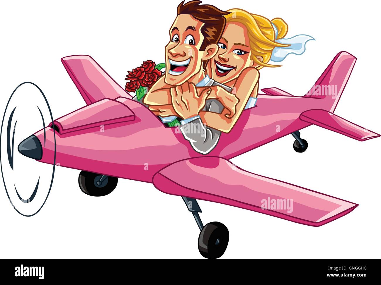 Récemment Mariés Couple Riding A Plan rose sur un voyage de noces Illustration de Vecteur