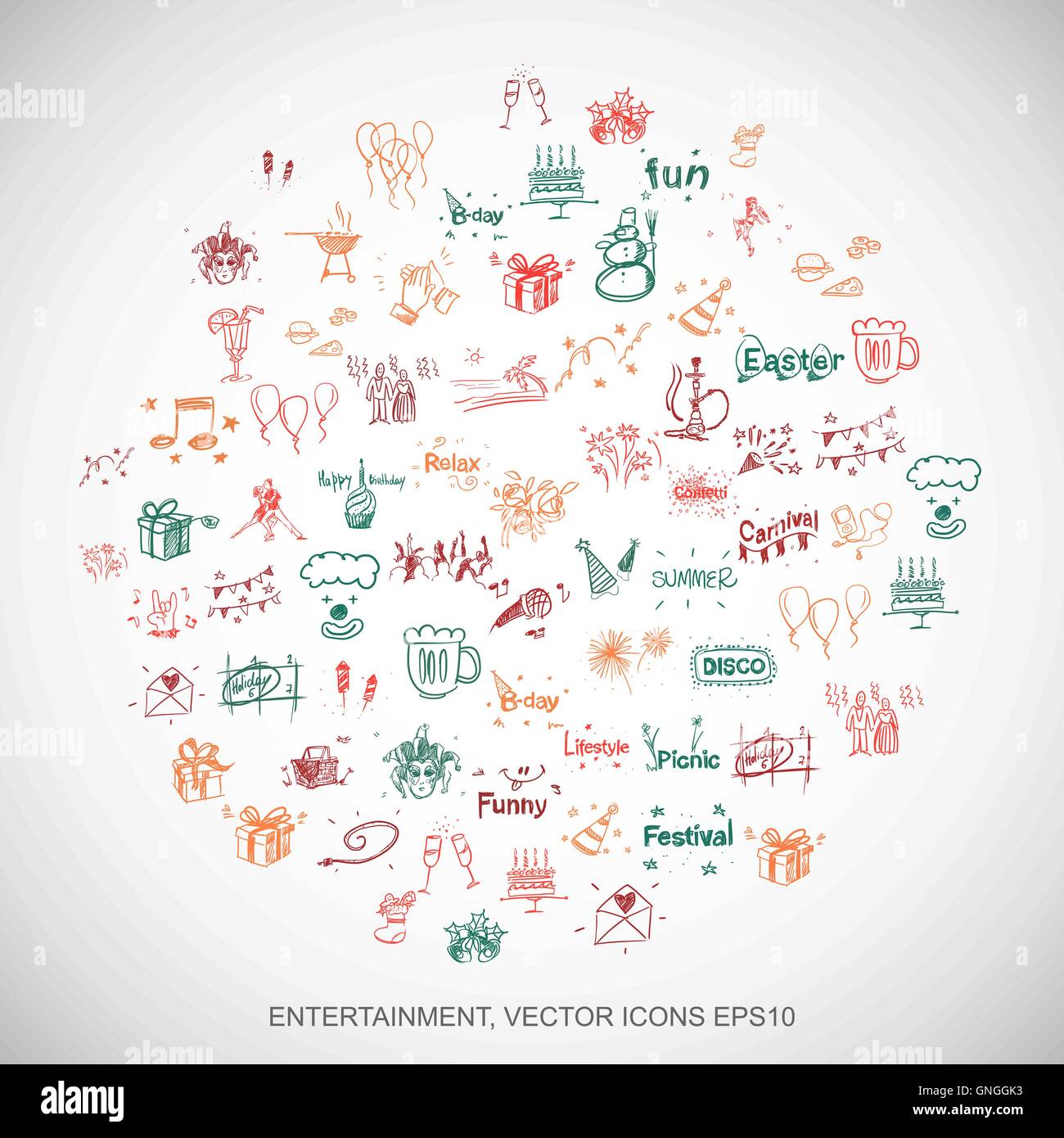 Multicolor doodles Hand Drawn Holiday Icons set sur blanc. EPS10 vector illustration. Illustration de Vecteur