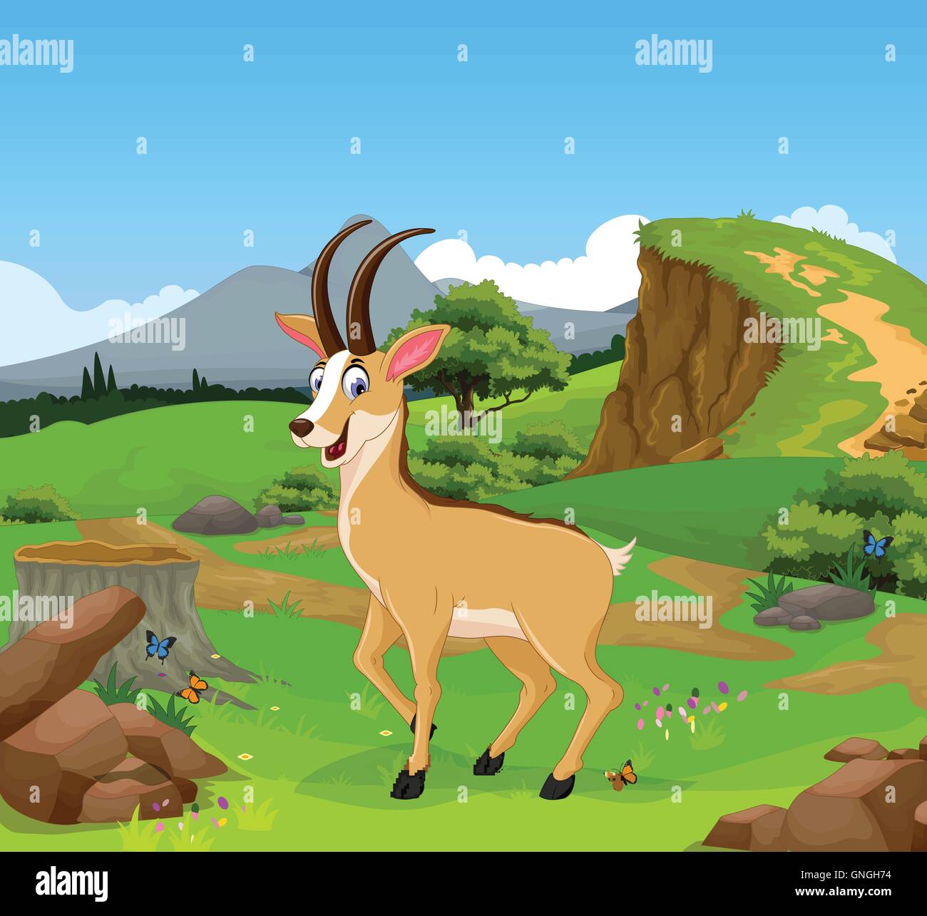 Funny cartoon chamois dans la jungle avec l'arrière-plan du paysage Illustration de Vecteur