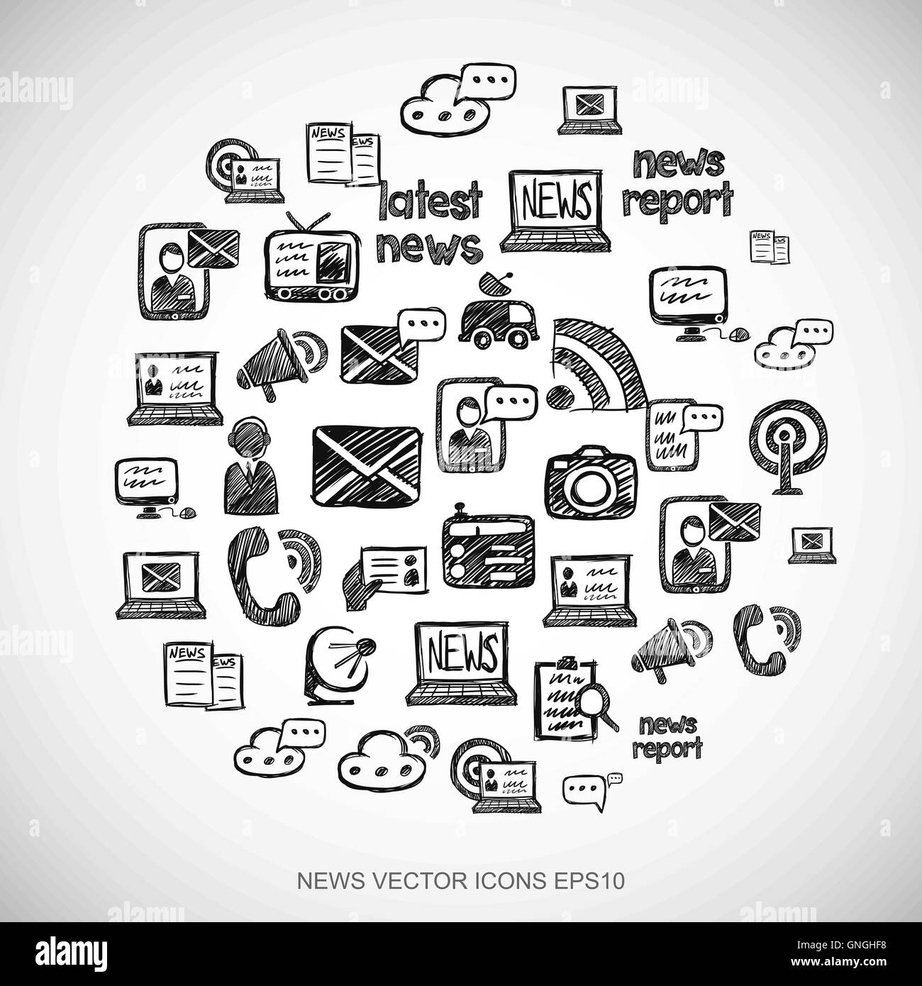 Gribouillages noir Hand Drawn News Icons set sur blanc. EPS10 vector illustration. Illustration de Vecteur