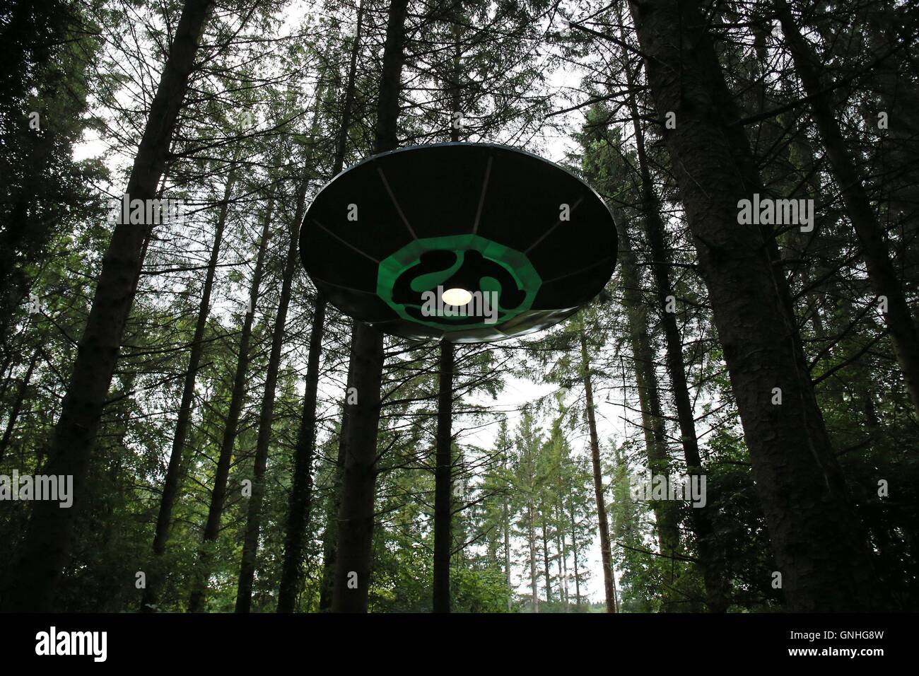 Un OVNI prop suspendues à des arbres dans la forêt au cours d'une conférence de presse aperçu de l'Electric Picnic festival à Stradbally, Comté de Laois. Banque D'Images