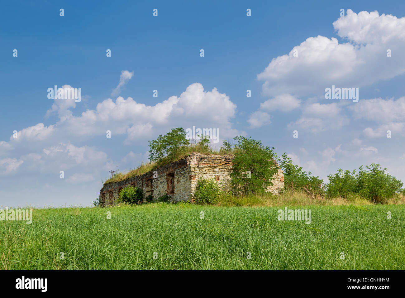 Les ruines d'un ancien bâtiment dans le pré. Domaine de Kopcany, la Slovaquie. Banque D'Images