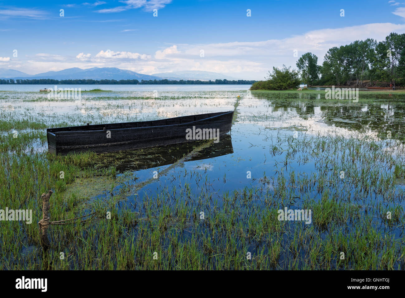 En bateau traditionnel en bois du lac Kerkini, Grèce Banque D'Images