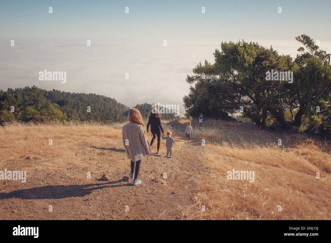 Mère randonnée avec quatre enfants, Tamalpais Valley, Californie, États-Unis Banque D'Images