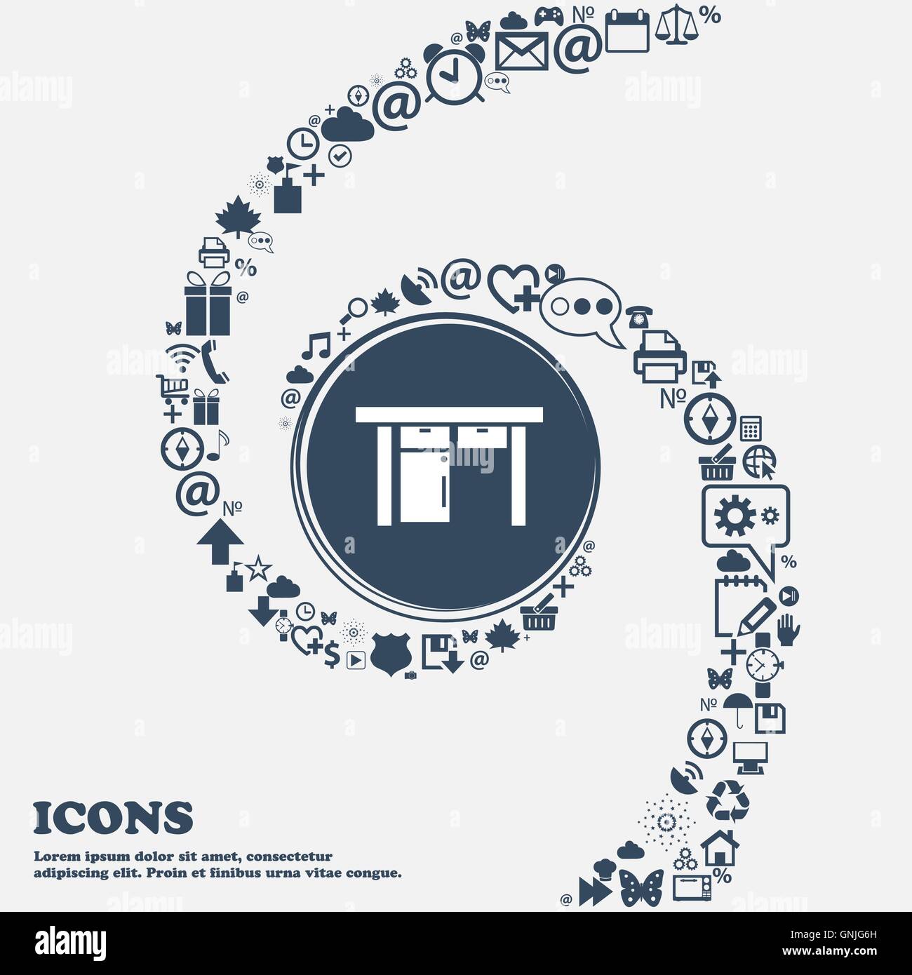 L'icône Table signe dans le centre. Autour de la beaucoup de beaux symboles torsadés en spirale. Vous pouvez utiliser chacune séparément pour votre desig Illustration de Vecteur