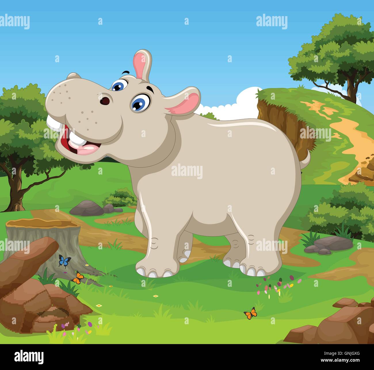 Funny hippo cartoon dans la jungle avec l'arrière-plan du paysage Illustration de Vecteur