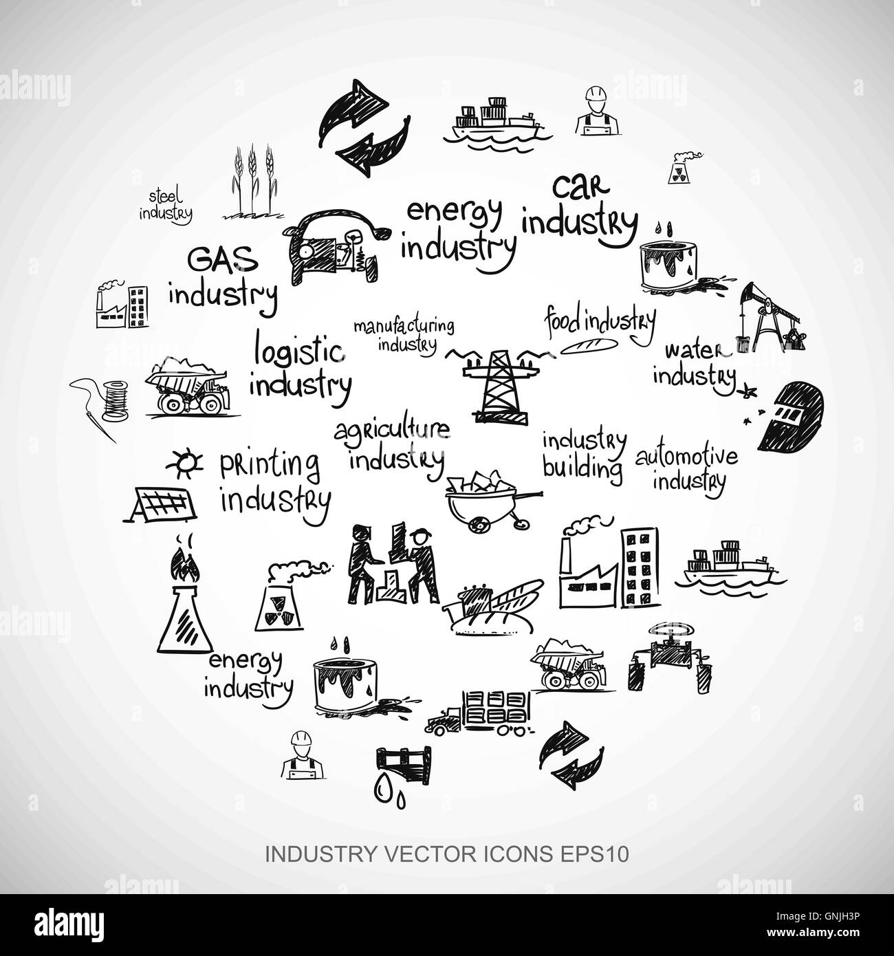 Gribouillages noirs de l'industrie à la main Icons set sur blanc. EPS10 vector illustration. Illustration de Vecteur