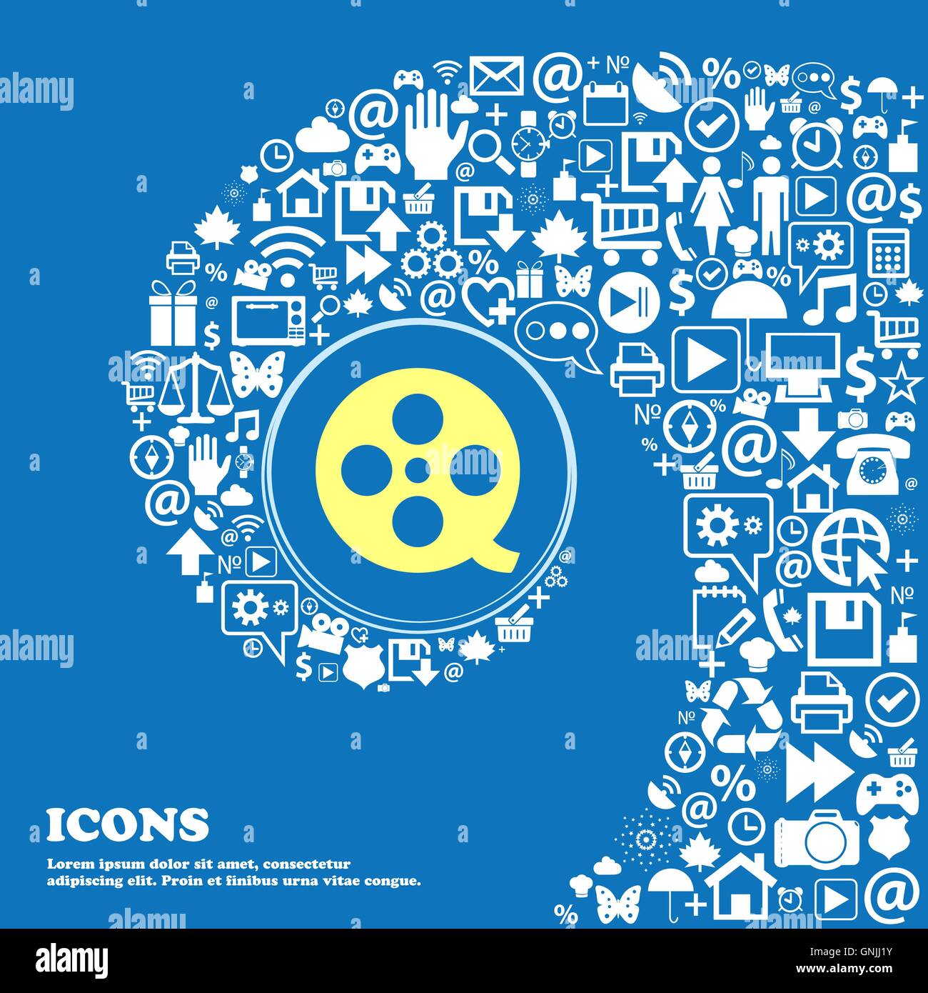 Le symbole du film. Bel ensemble de belles icônes spirale torsadée dans le centre d'une grande icône. Vector Illustration de Vecteur Le symbole du film. Bel ensemble de belles icônes spirale torsadée dans le centre d'une grande icône. Vector Illustration de Vecteur