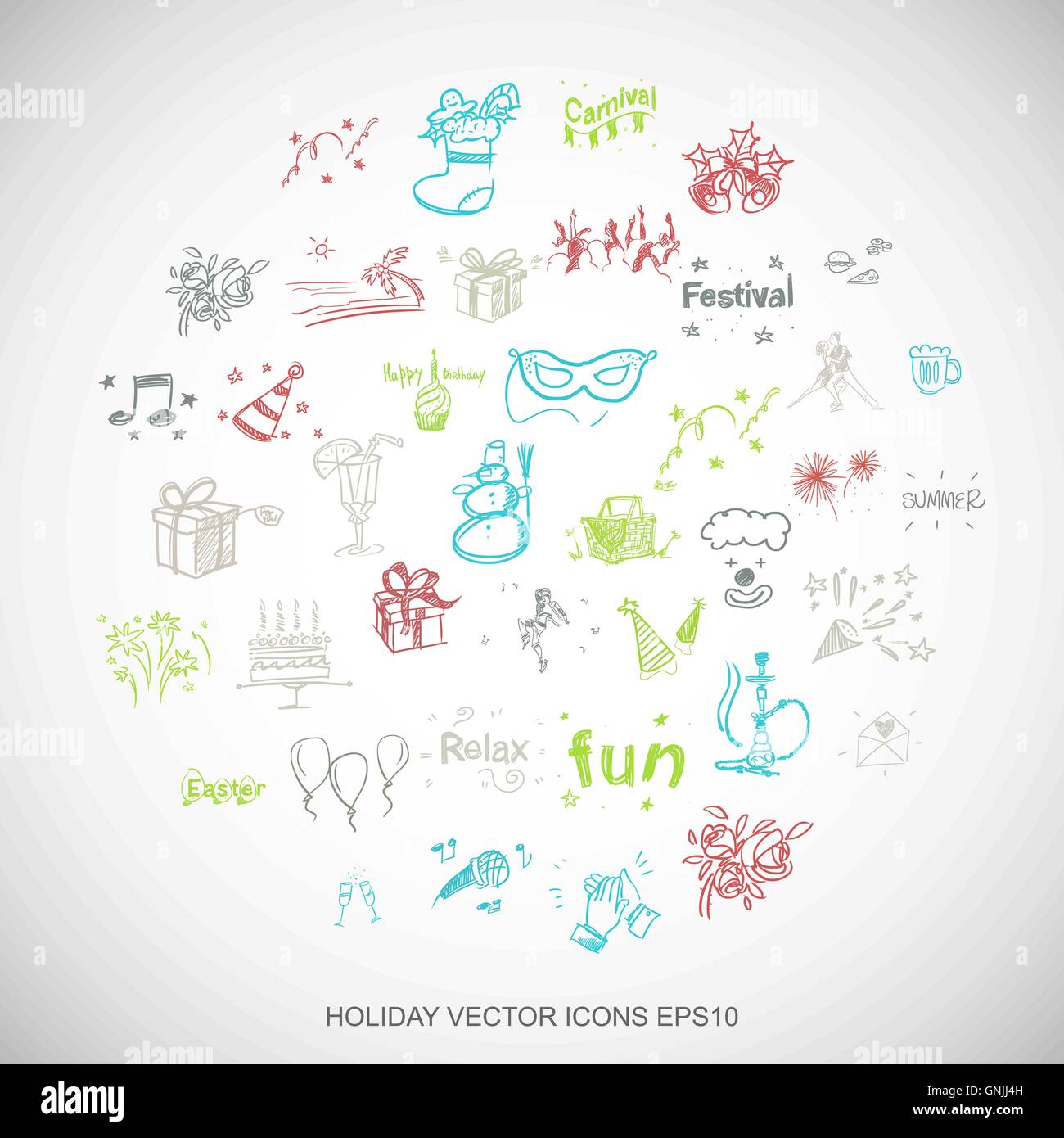 Multicolor doodles Hand Drawn Holiday Icons set sur blanc. EPS10 vector illustration. Illustration de Vecteur