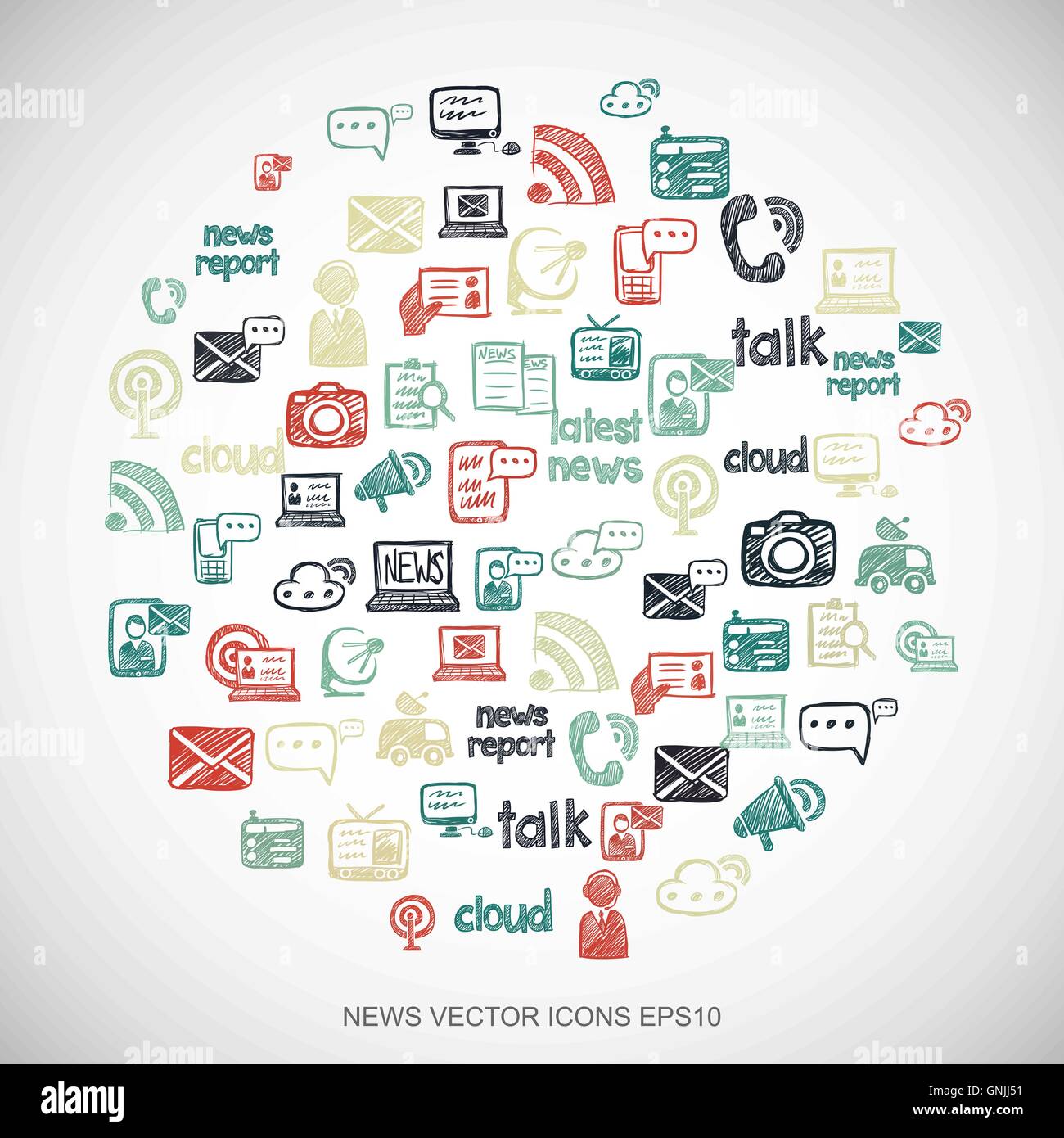 Multicolor doodles Hand Drawn News Icons set sur blanc. EPS10 vector illustration. Illustration de Vecteur