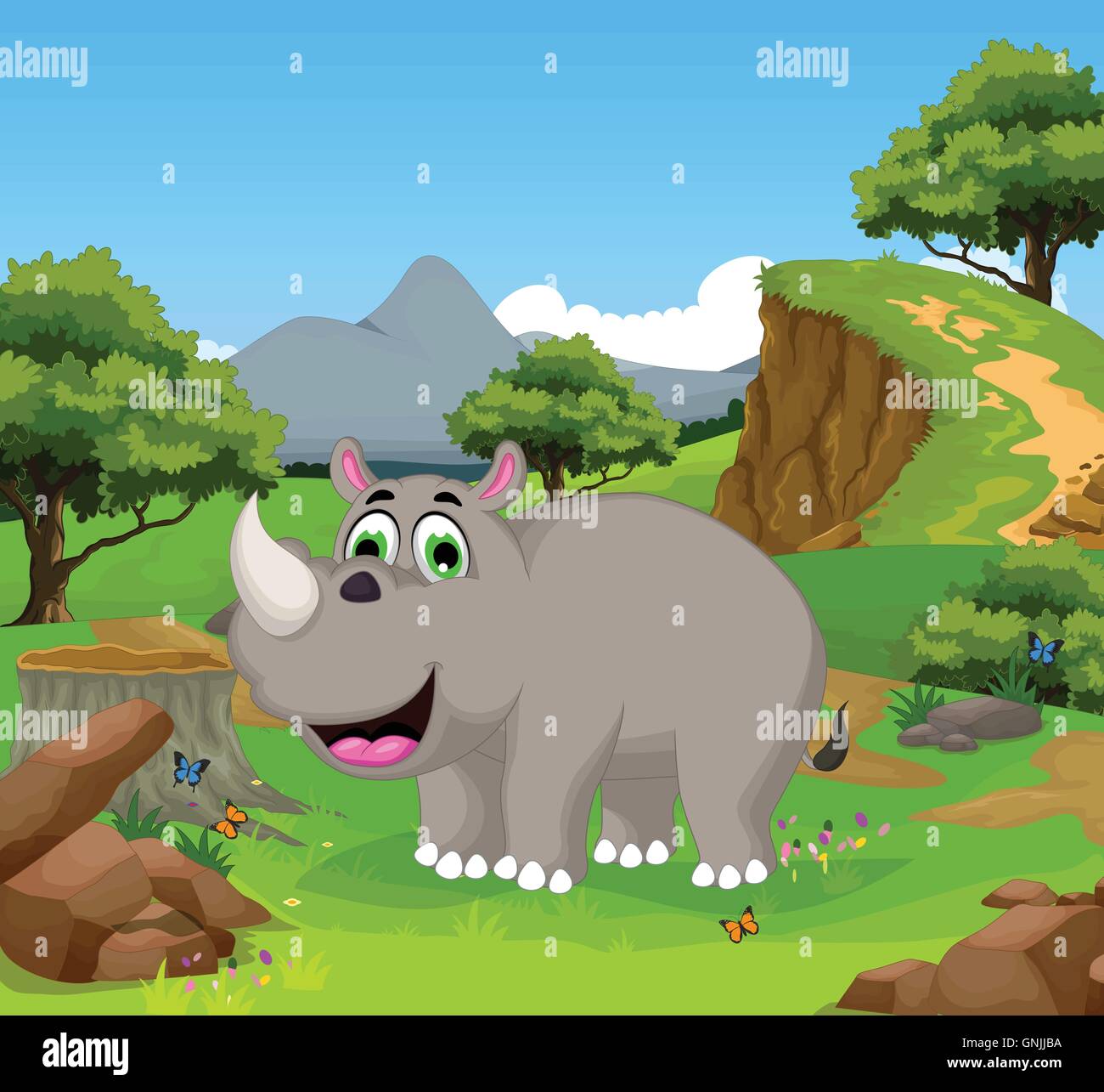 Funny cartoon rhino dans la jungle avec l'arrière-plan du paysage Illustration de Vecteur