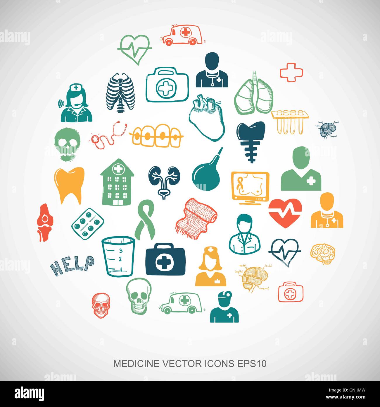 Multicolor doodles Hand Drawn Medicine Icons set sur blanc. EPS10 vector illustration. Illustration de Vecteur