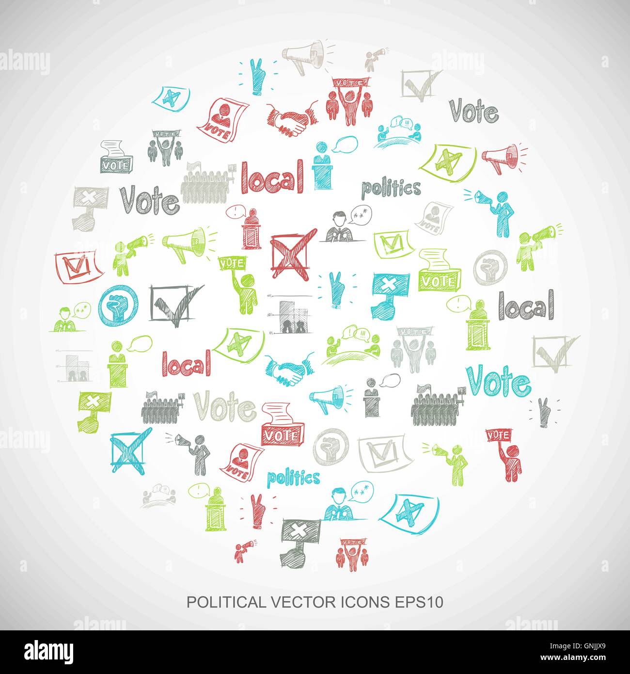 Multicolor doodles Hand Drawn Politics Icons set sur blanc. EPS10 vector illustration. Illustration de Vecteur
