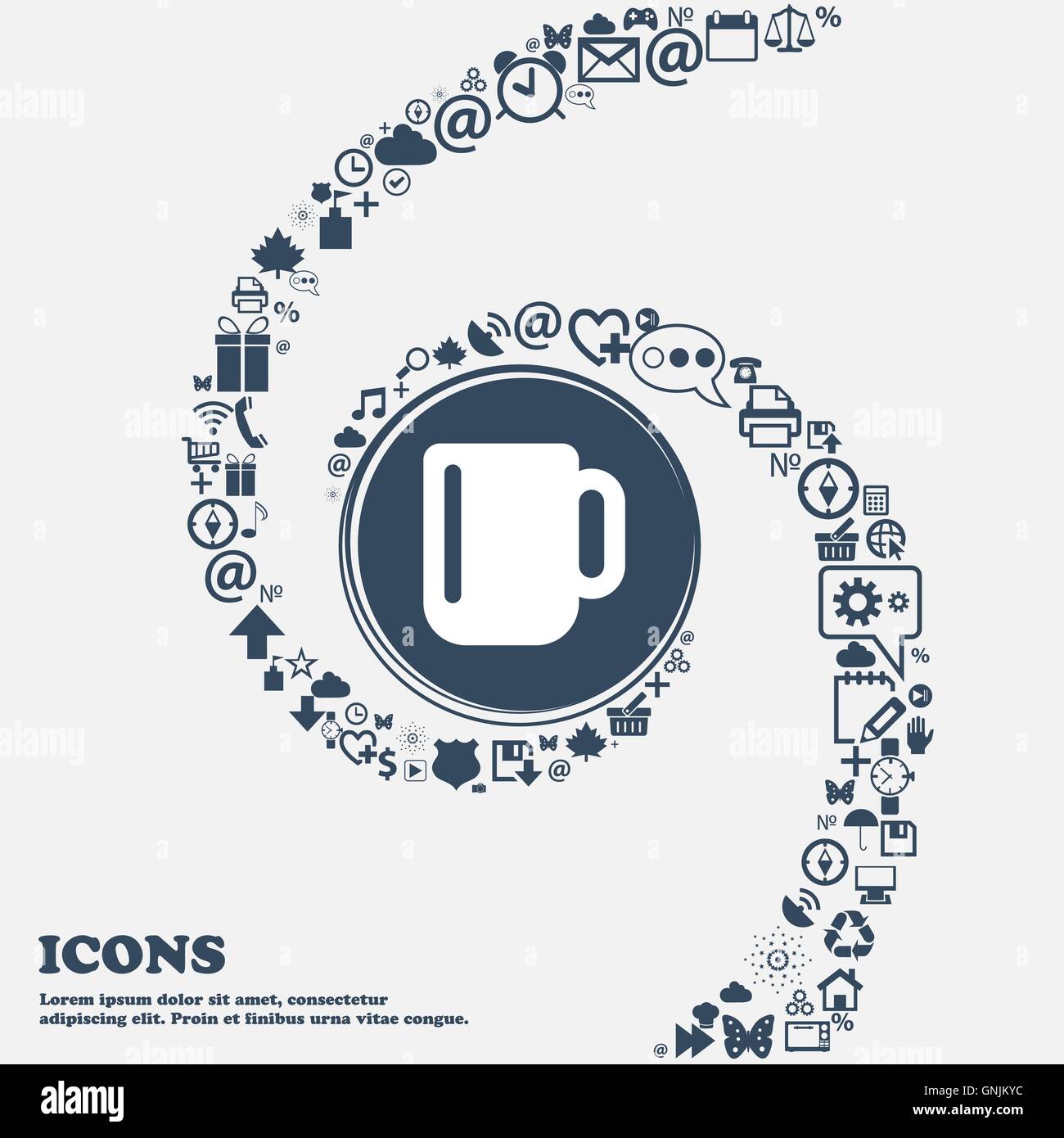 L'icône de tasse de café ou de thé dans le centre. Autour de la beaucoup de beaux symboles torsadés en spirale. Vous pouvez utiliser séparément chaque fo Illustration de Vecteur