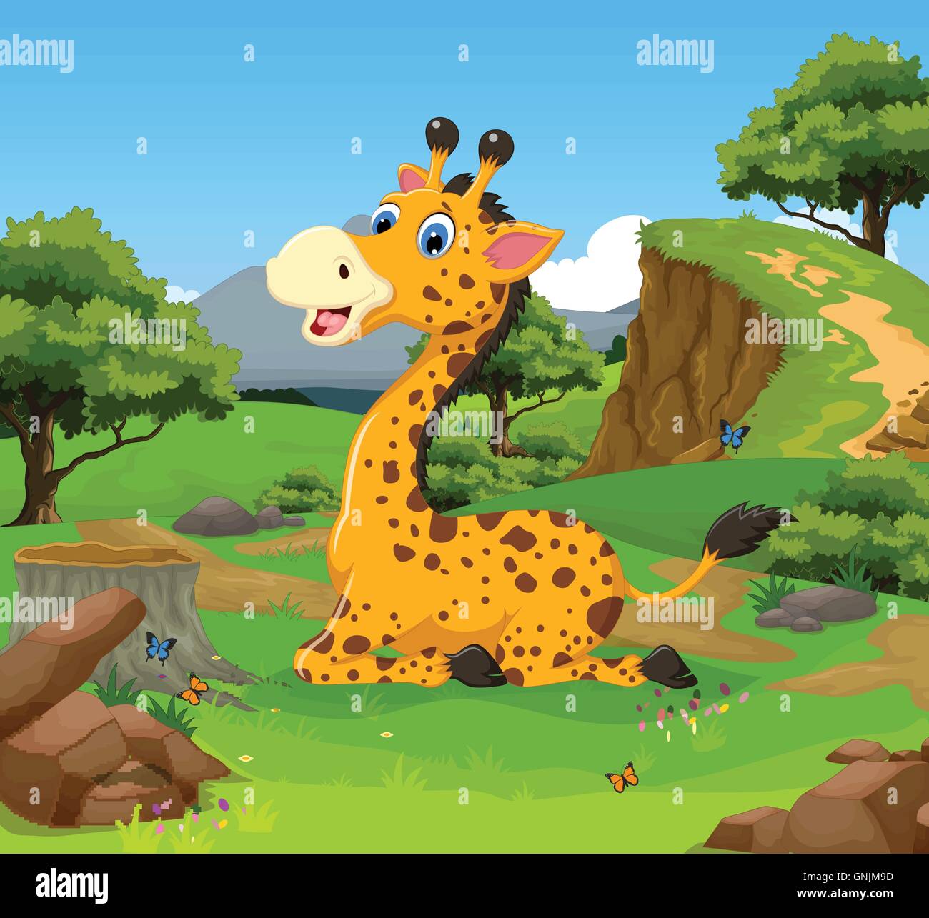 Funny cartoon girafe assis dans la jungle avec l'arrière-plan du paysage Illustration de Vecteur