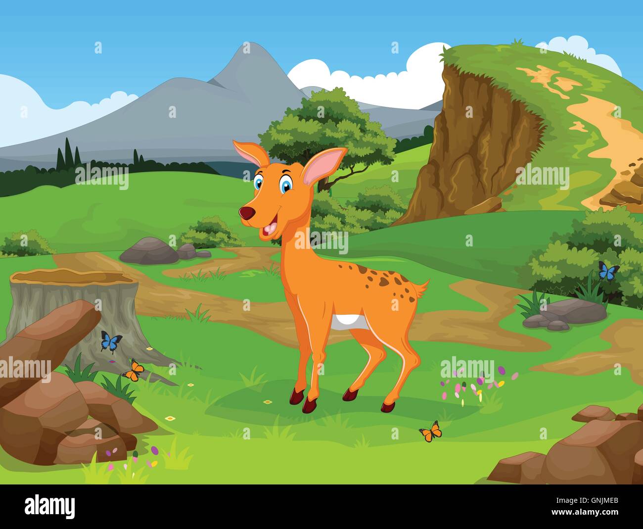 Funny cartoon cerfs dans la jungle avec l'arrière-plan du paysage Illustration de Vecteur