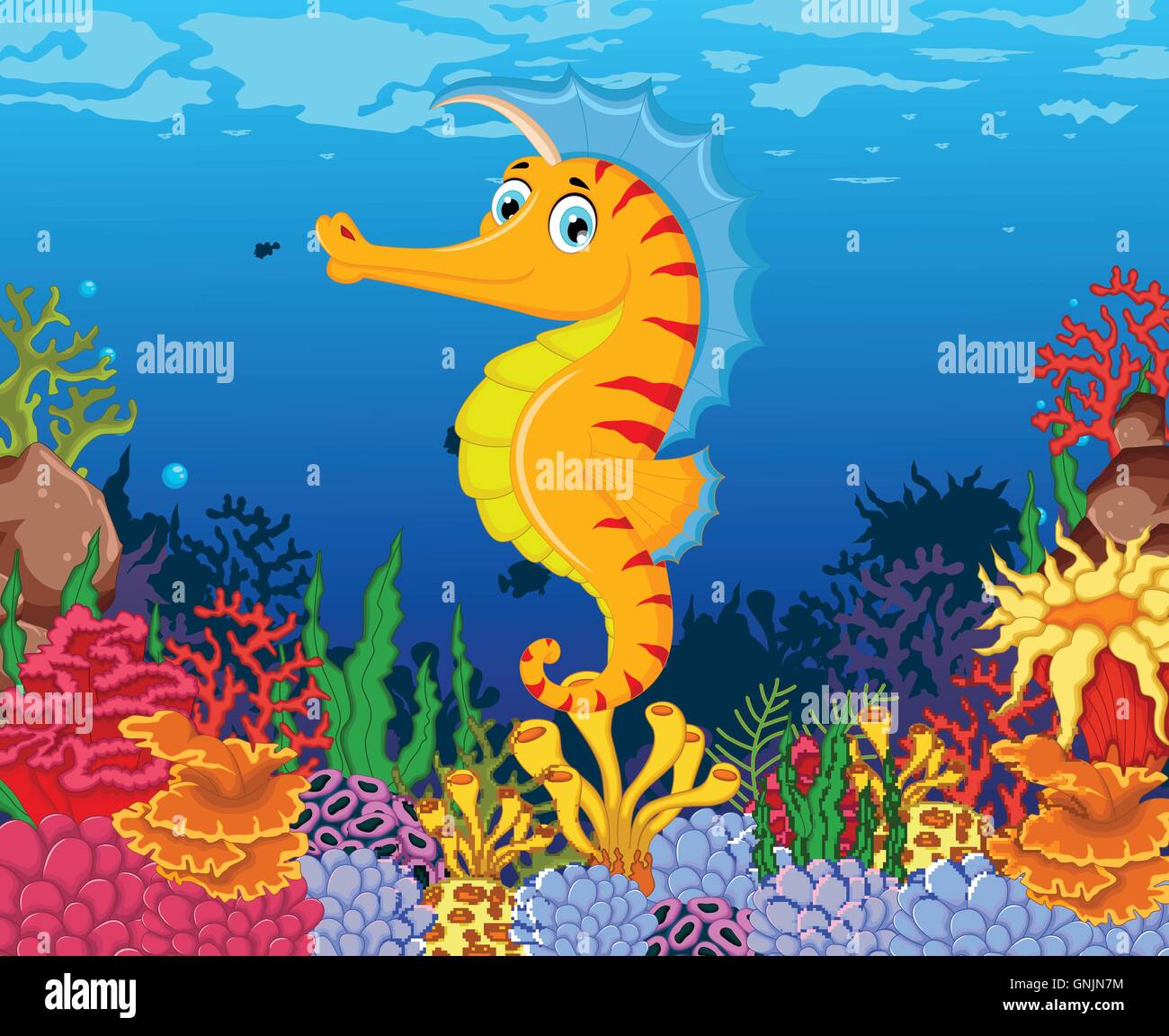 Funny cartoon hippocampe avec arrière-plan de la mer de beauté Illustration de Vecteur
