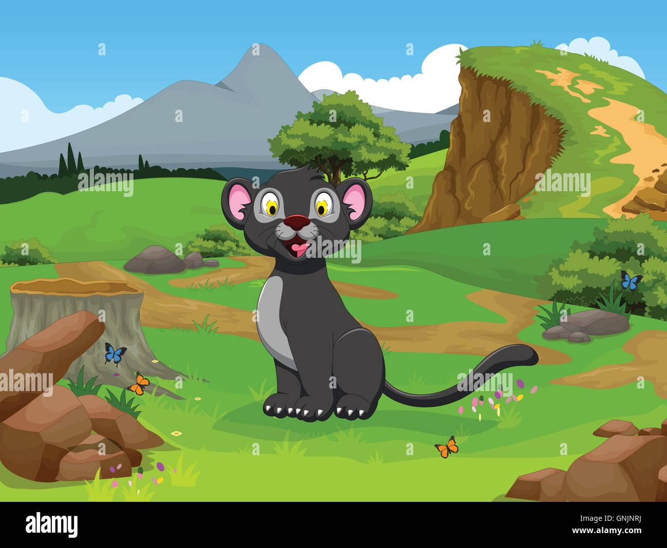 Funny cartoon Black Panther dans la jungle avec l'arrière-plan du paysage Illustration de Vecteur