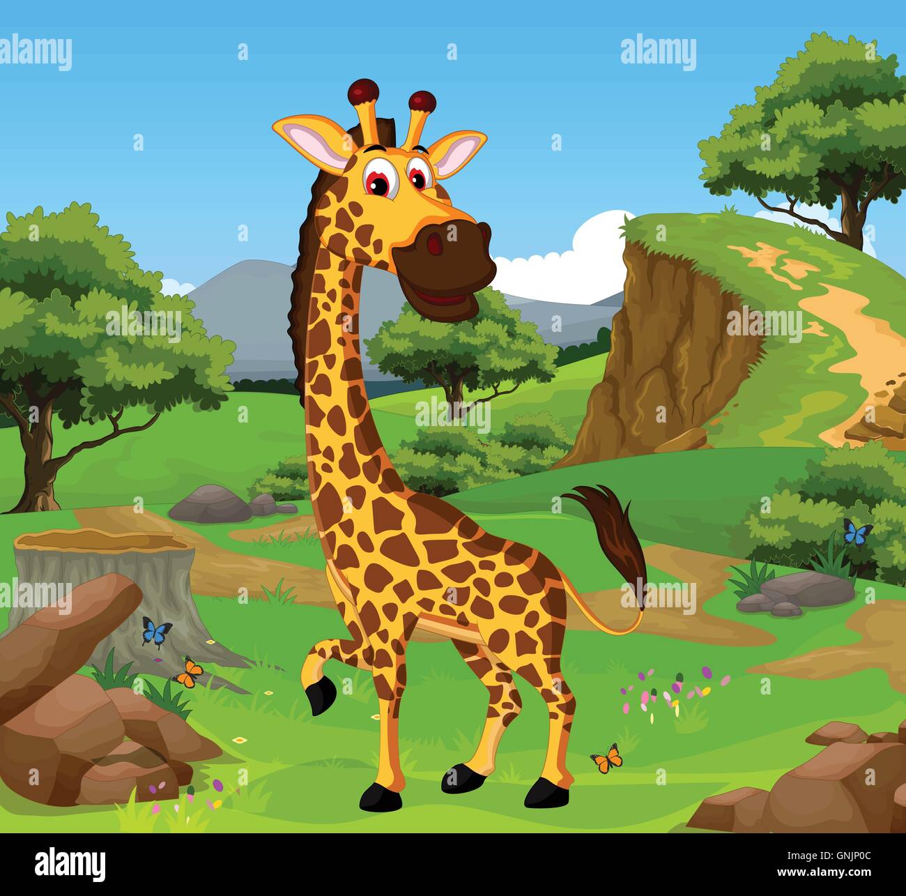 Funny cartoon girafe dans la jungle avec l'arrière-plan du paysage Illustration de Vecteur