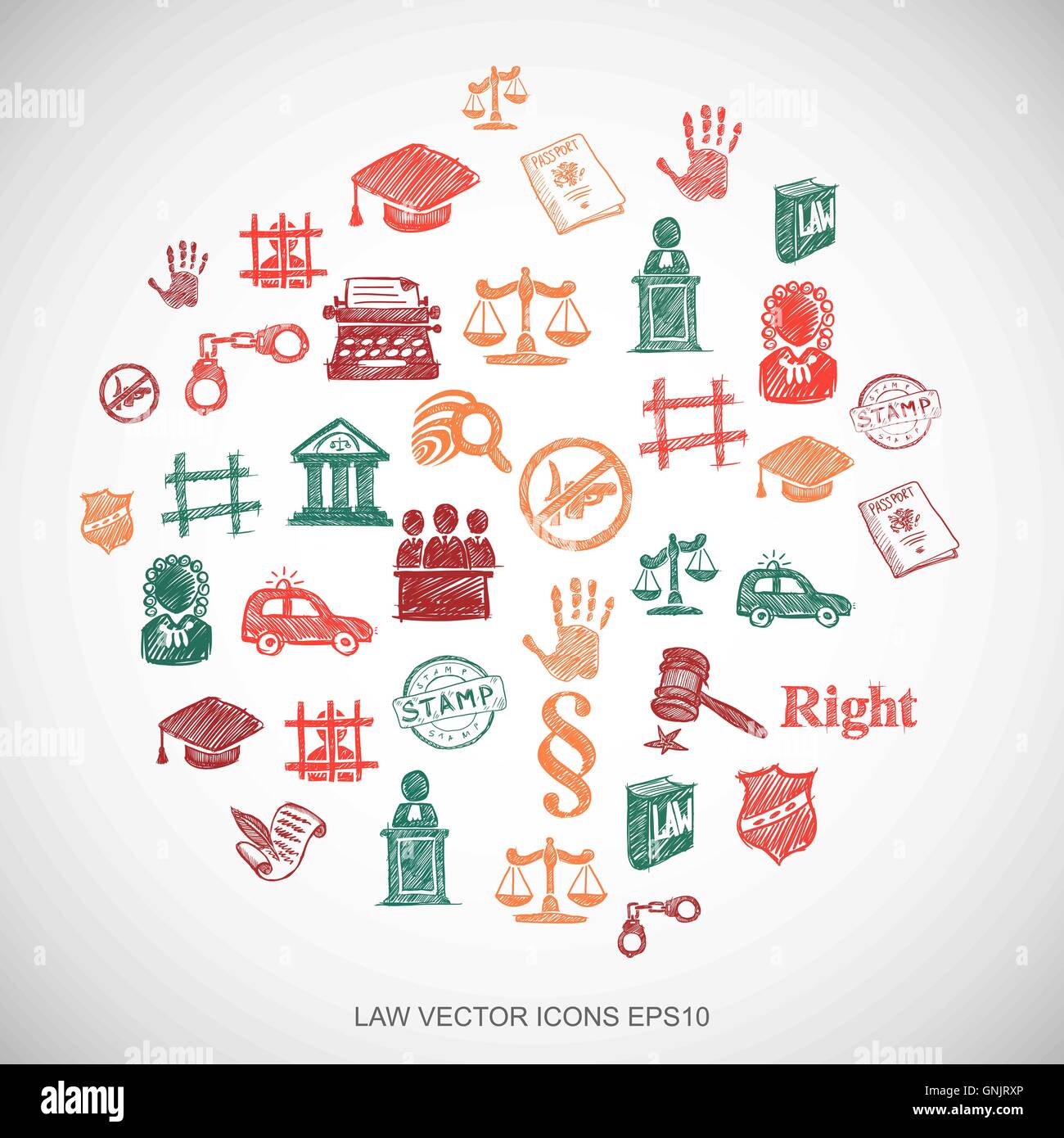 Multicolor doodles Hand Drawn Law Icons set sur blanc. EPS10 vector illustration. Illustration de Vecteur