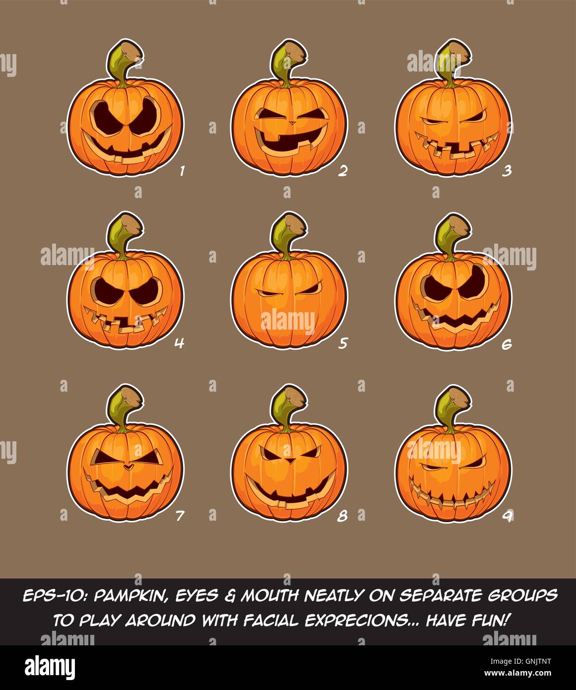 Jack O Lantern Cartoon - 9 jeu d'Expressions coquines n Moyenne Illustration de Vecteur