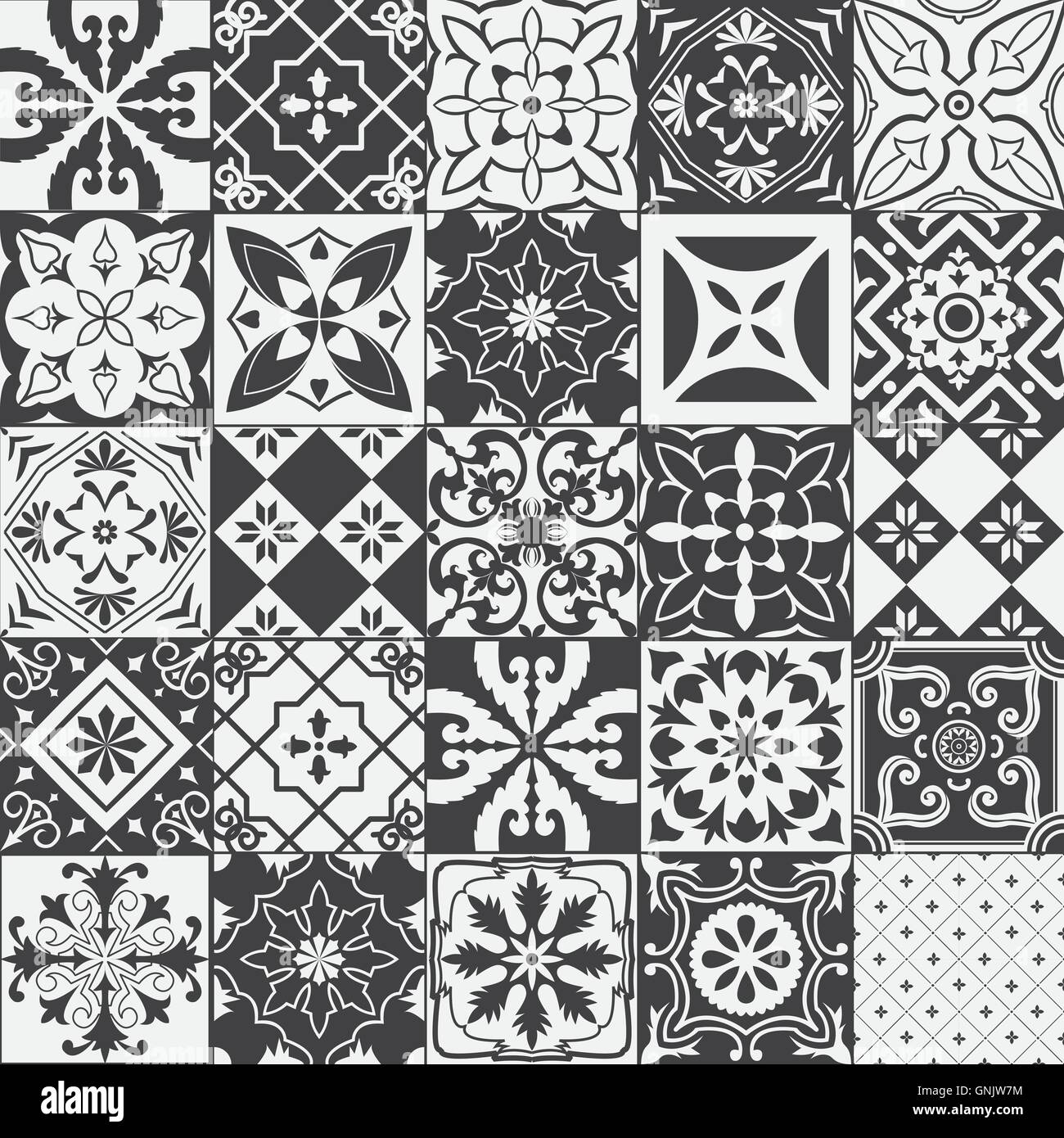 Grand ensemble de mosaïques en fond noir et blanc. Illustration de Vecteur