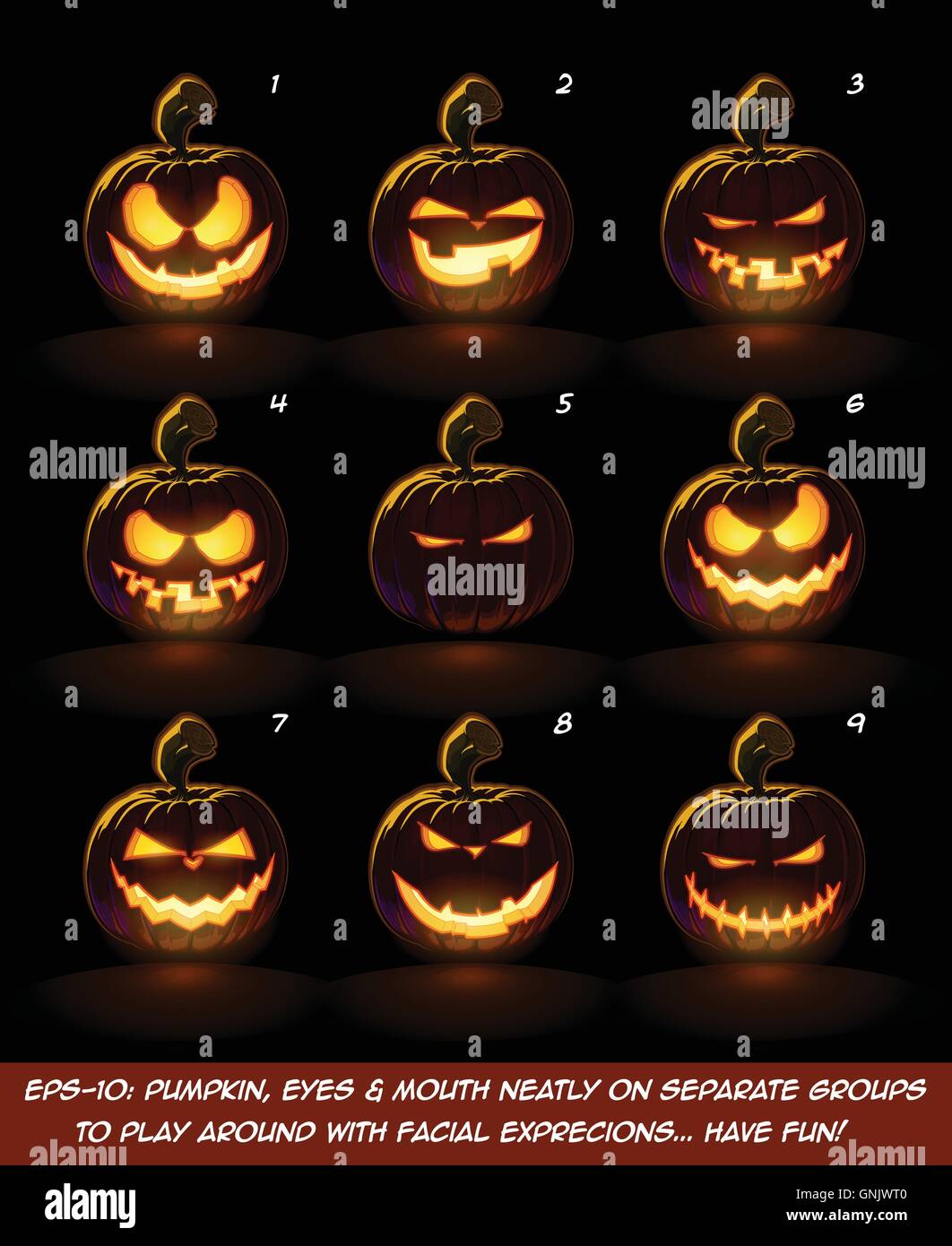 Black Jack O Lantern Cartoon - 9 jeu d'Expressions coquines n Moyenne Illustration de Vecteur