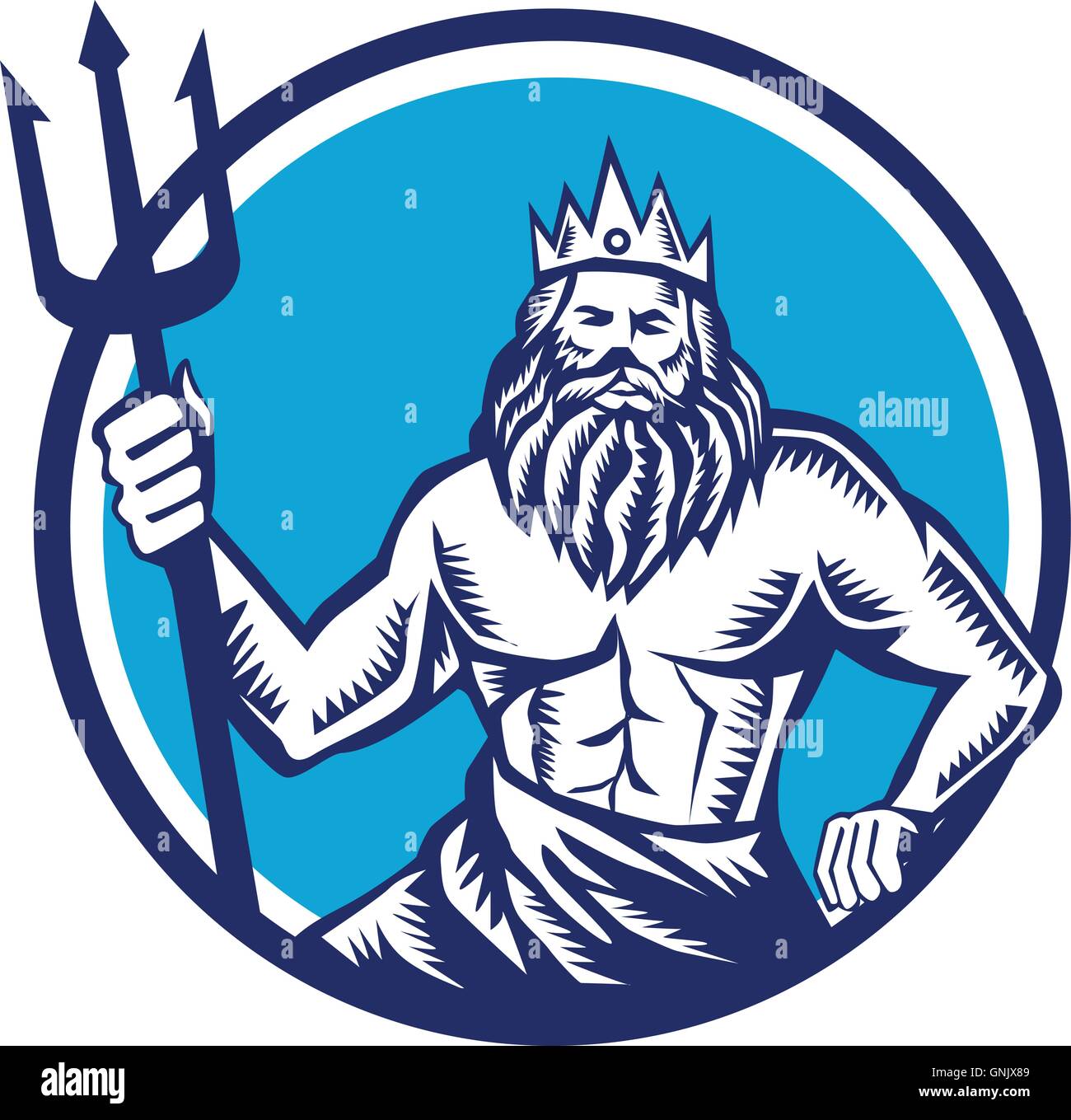 Poseidon Trident Circle gravure sur bois Illustration de Vecteur