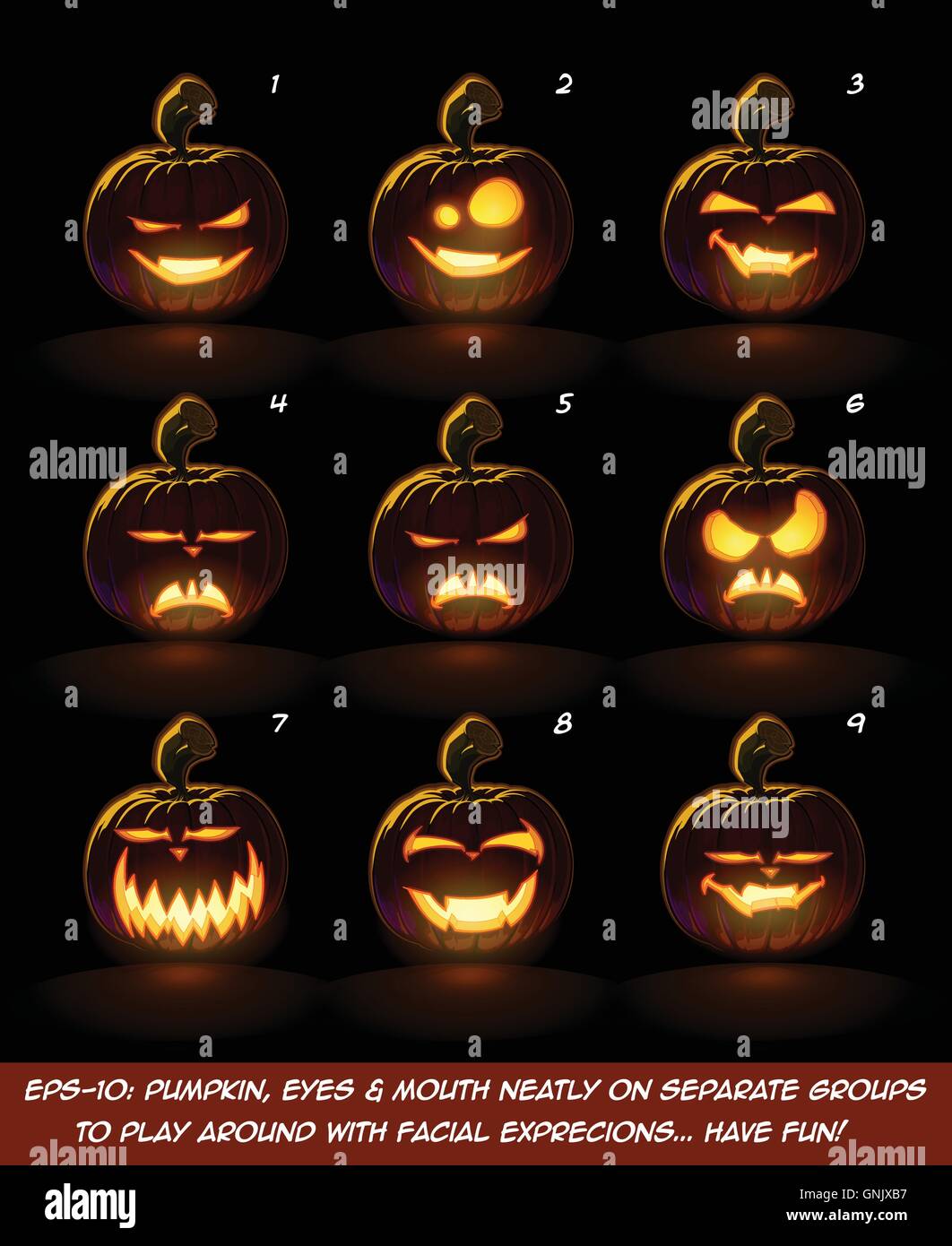 Black Jack O Lantern Cartoon - 9 jeu d'Expressions Vampire Illustration de Vecteur