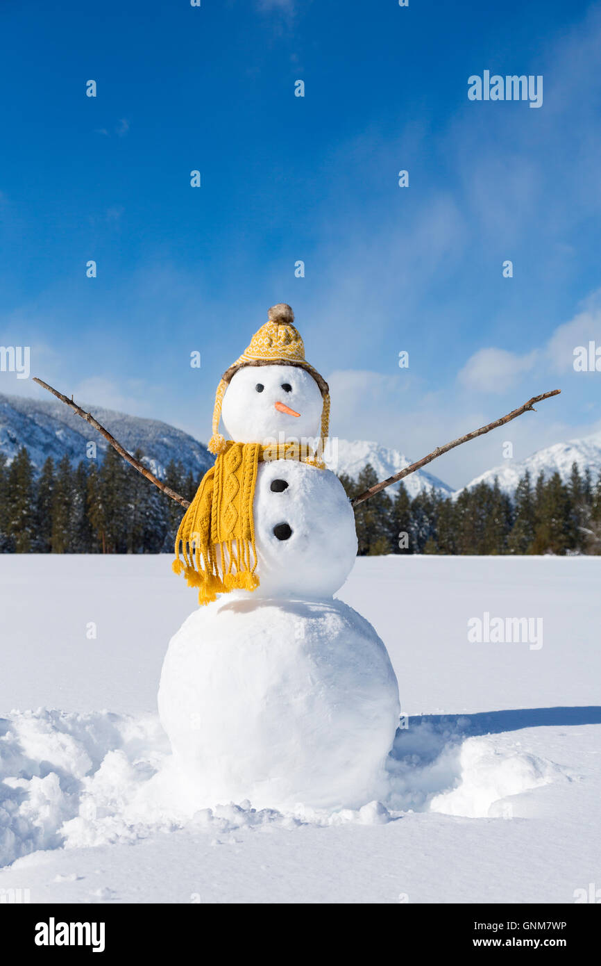 Relations sérieuses in tricot mignon bonhomme avec bonnet et écharpe avec beau paysage d'hiver enneigé Terrain avec montagnes et ciel bleu Banque D'Images