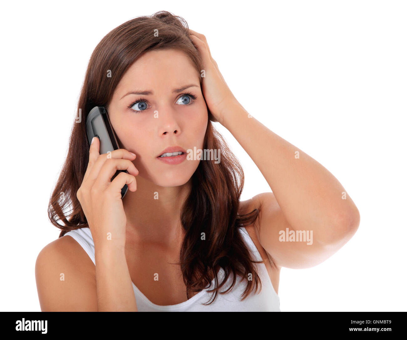 Femme est nouvelle choquante lors d'appel téléphonique Banque D'Images