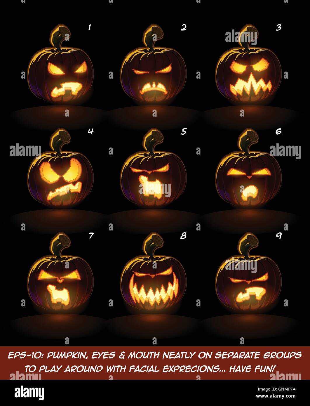 Black Jack O Lantern Cartoon - 9 expressions mis en colère Illustration de Vecteur