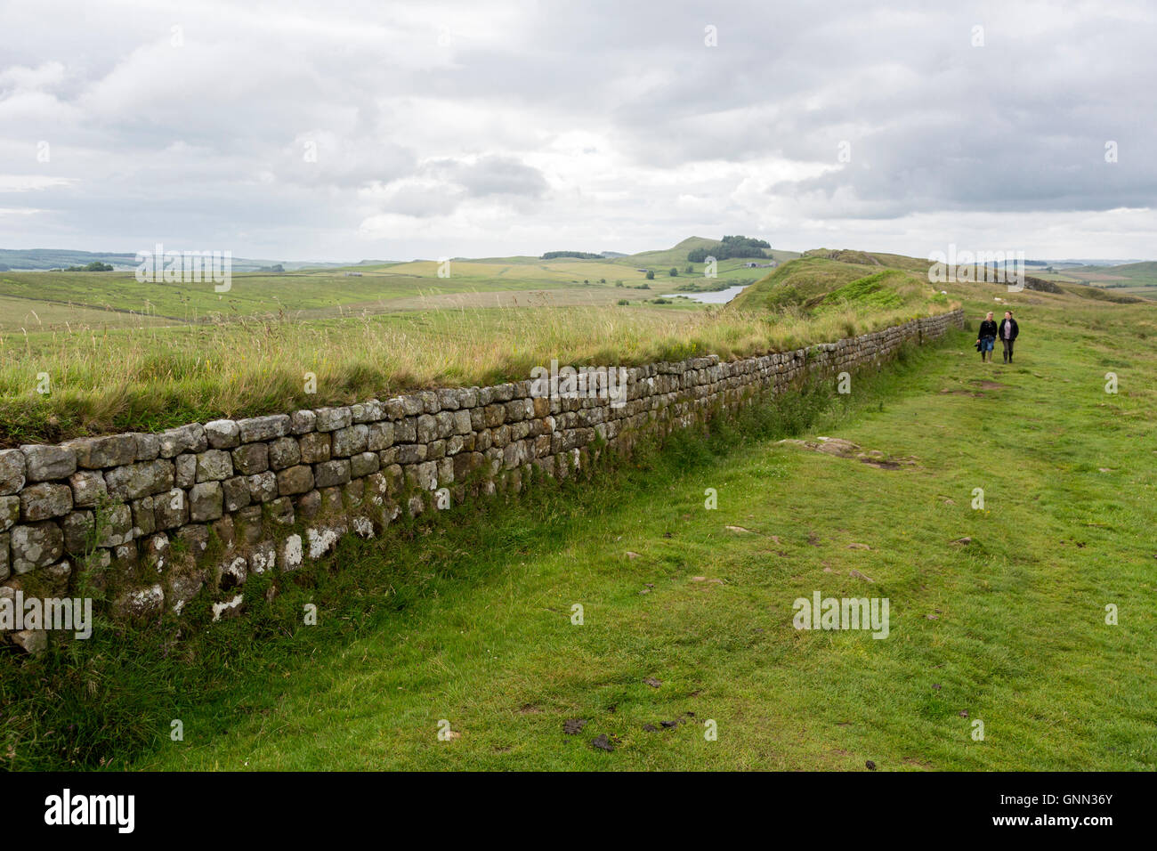 Northumberland, England, UK. Mur d'Hadrien (Sentier Pennine Way) en direction de Peel Crags dans l'arrière-plan. Banque D'Images