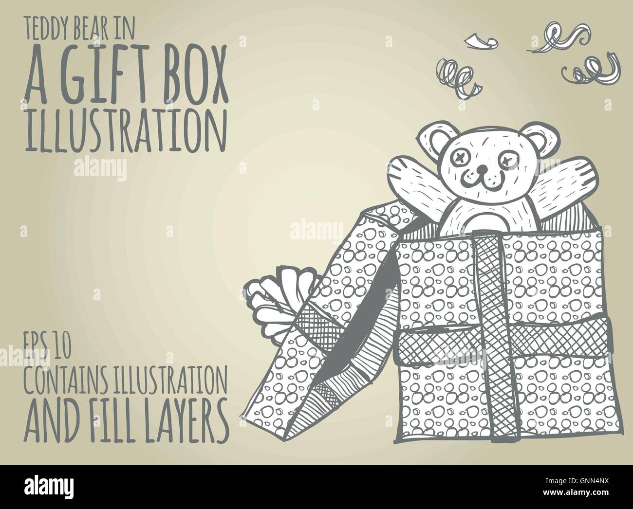 Ours en peluche dans une boîte-cadeau doodle vecteur creepy illustration avec contour et remplissage de couches Illustration de Vecteur