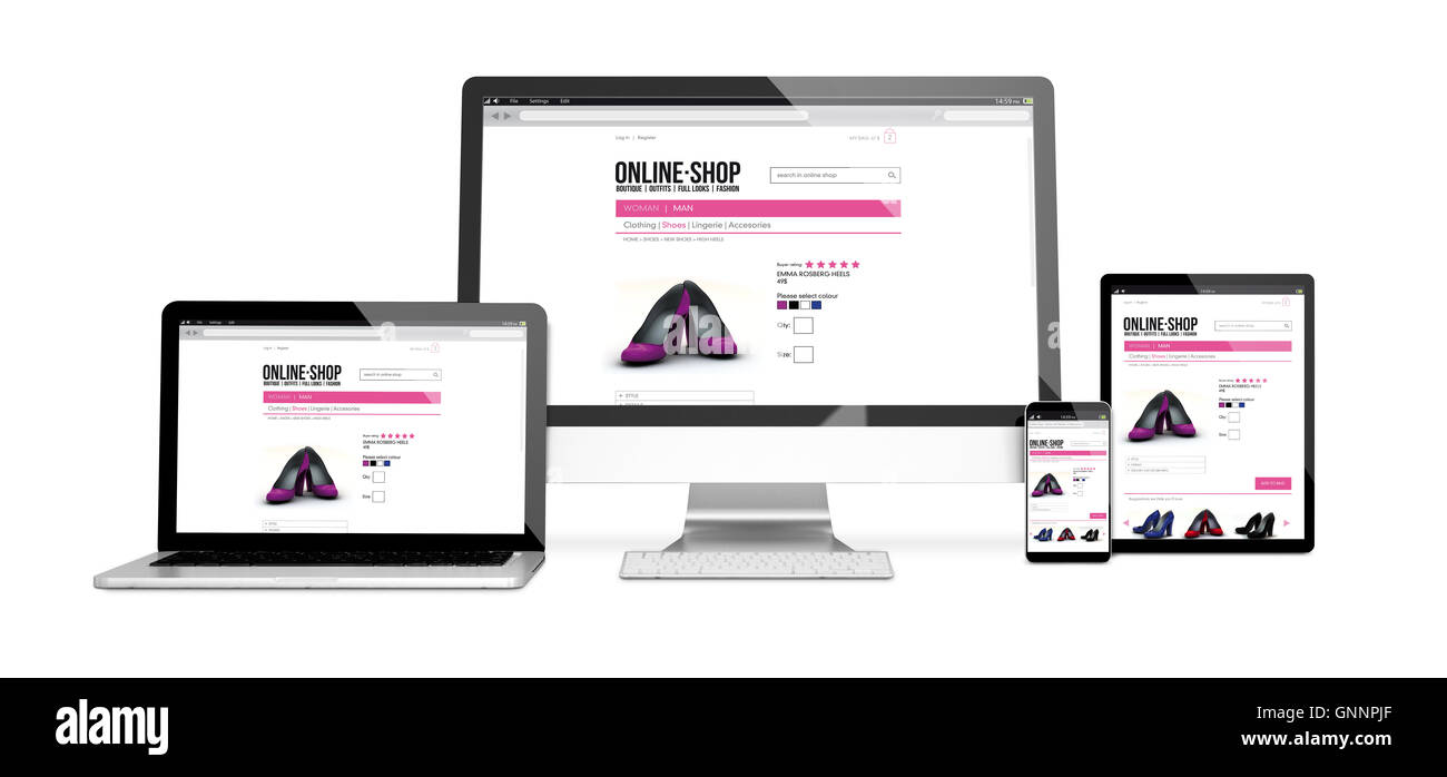 Le rendu 3D des appareils isolés avec responsive design boutique en ligne. Tous les graphiques de l'écran sont constitués. Banque D'Images Le rendu 3D des appareils isolés avec responsive design boutique en ligne. Tous les graphiques de l'écran sont constitués. Banque D'Images