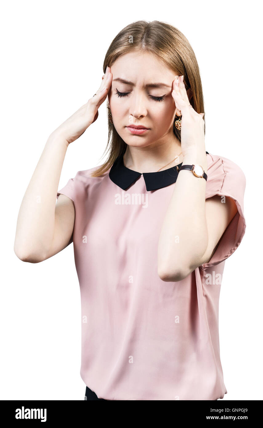 Jeune femme isolted avec maux de tête sur fond blanc Banque D'Images