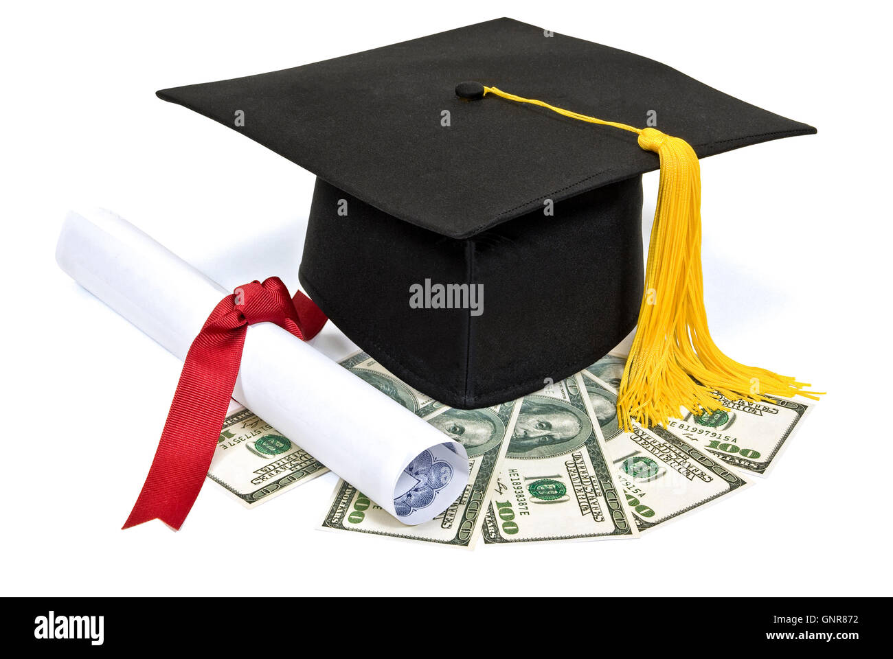 Graduation Hat avec diplôme et de l'argent Banque D'Images