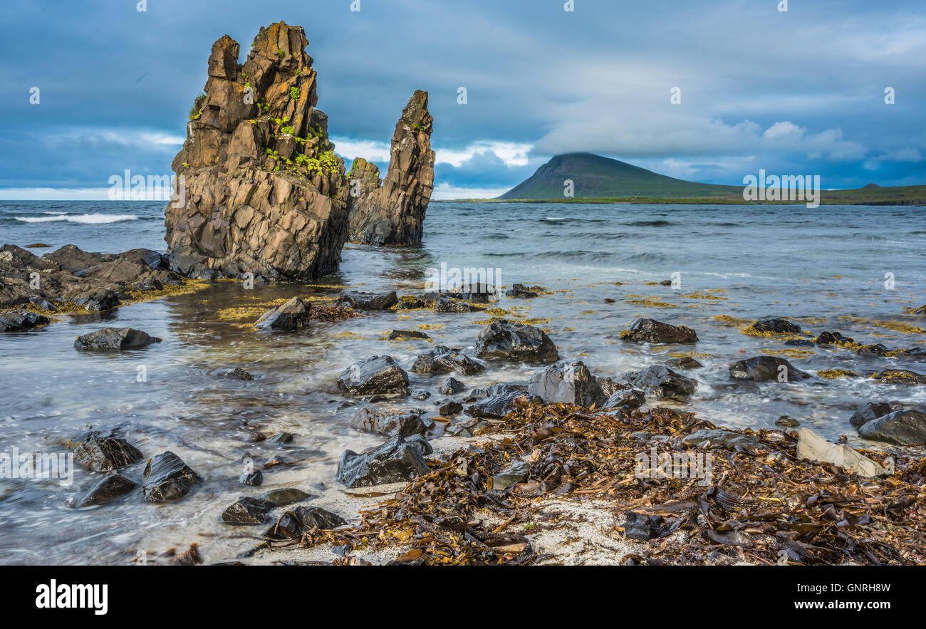 Paysages volcaniques escarpées le long de la côte de Strandir, Islande, Fjords de l'Ouest Banque D'Images
