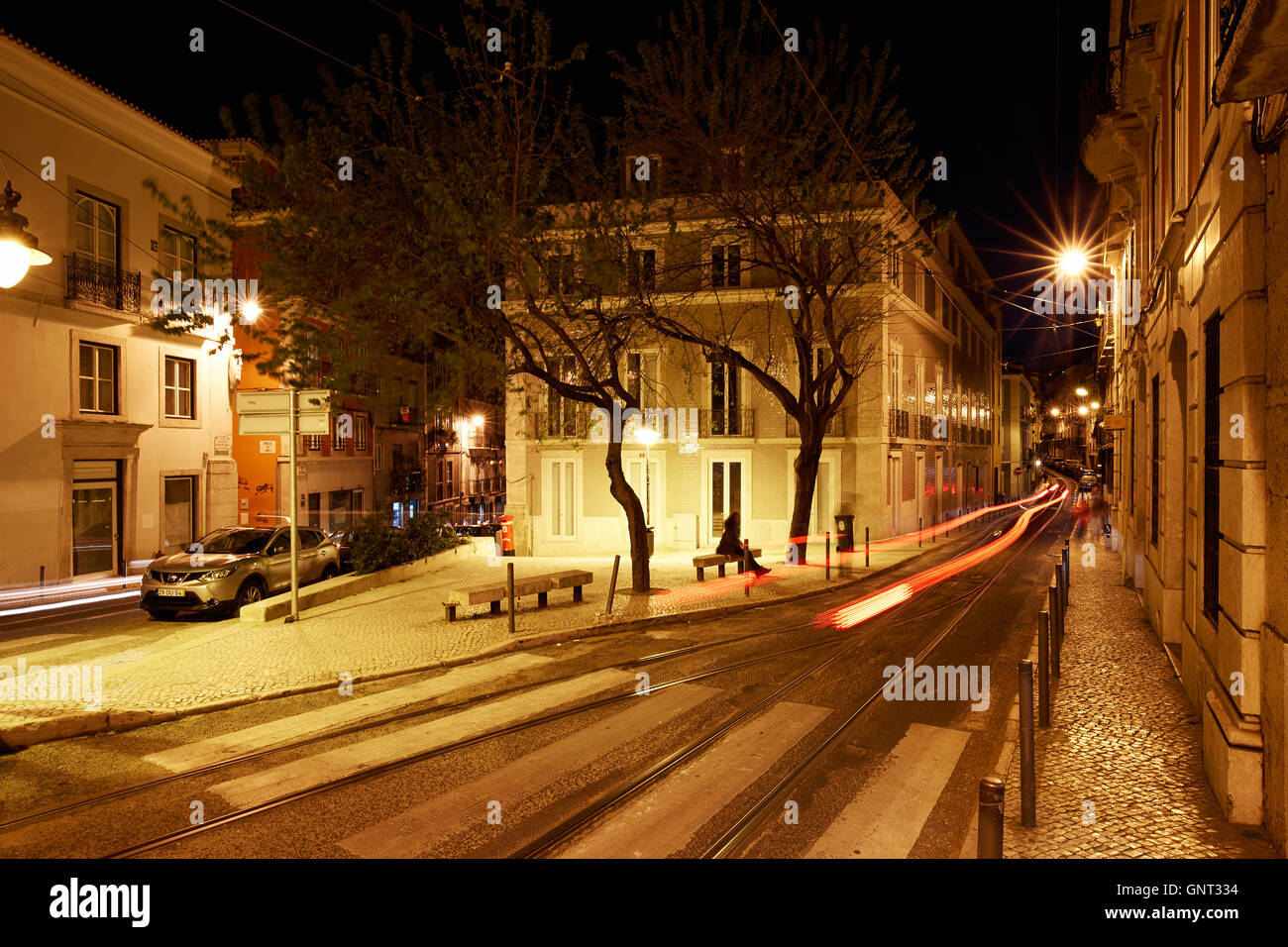 Lisbonne, Portugal, light trails de nuit Banque D'Images