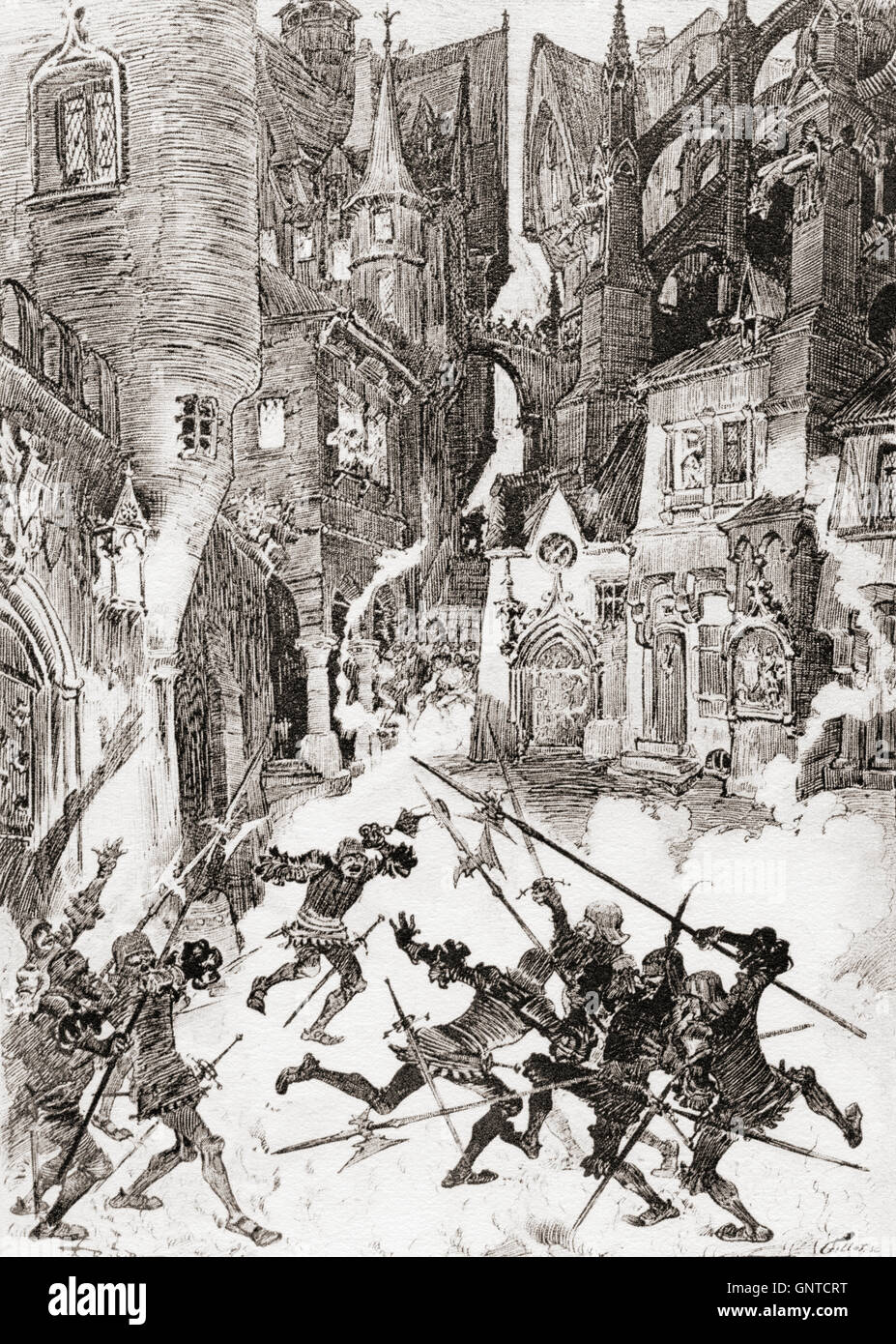 Panurge tourmentant le guet ou de Panurge qui tourmentent le garde. Après l'illustration par Albert Robida de Gargantua et Pantagruel de François Rabelais. Banque D'Images