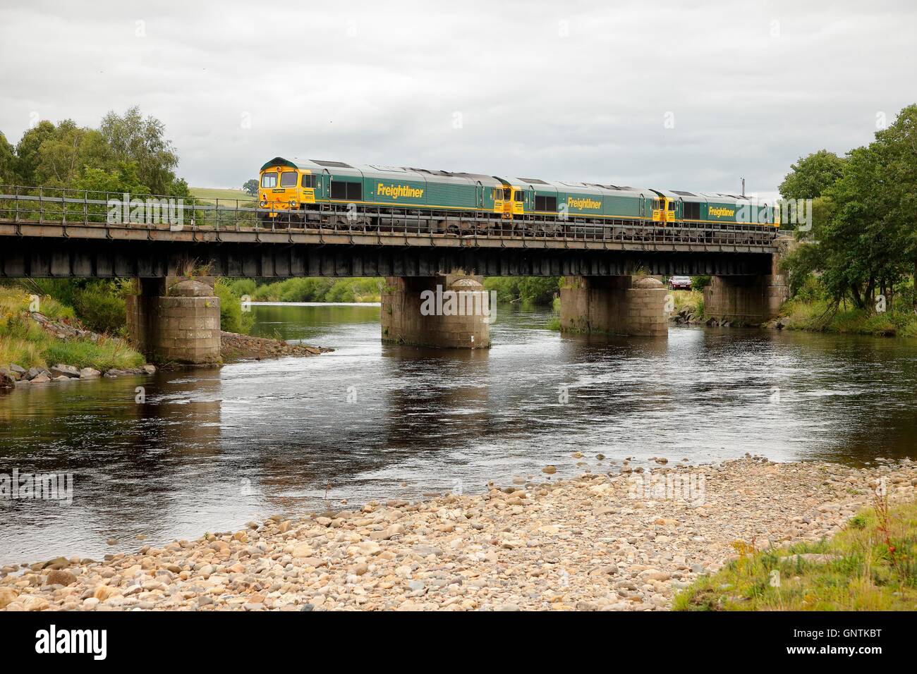 Class 66 Freightliner les trains de marchandises. Ridley Hall South Tyne, pont de chemin de fer, Bardon Mill, Newcastle & Carlisle Railway UK. Banque D'Images