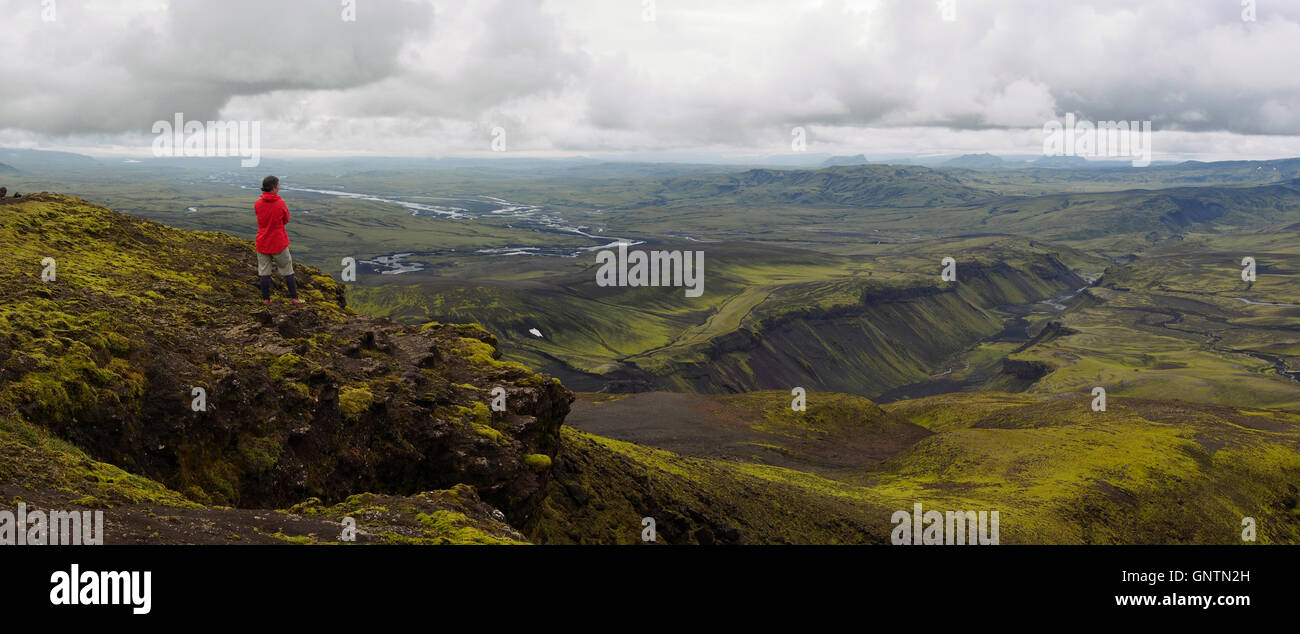 Voir d'Eldgjá de sommet de Gjátindur fissure près de Skaelingar hut, Islande Banque D'Images