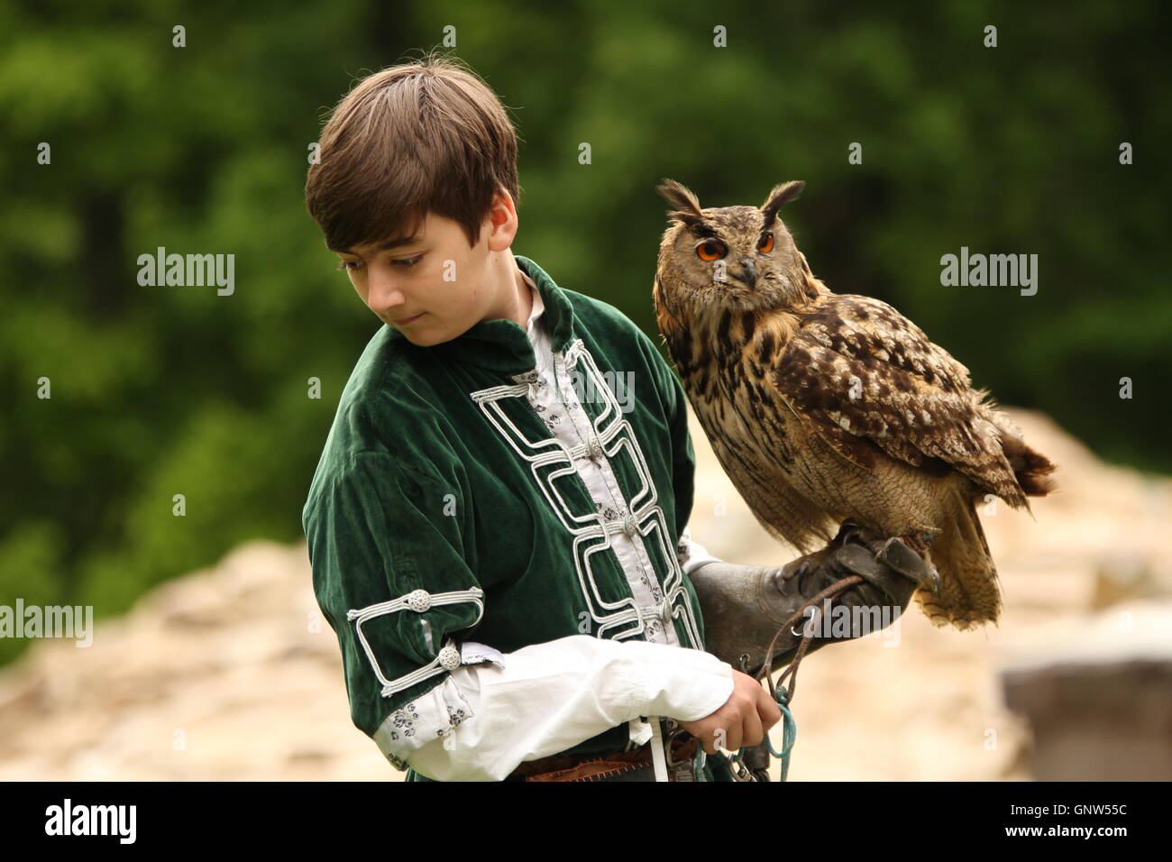 Les jeunes avec son falconer (Bubo bubo) eurasien. Banque D'Images