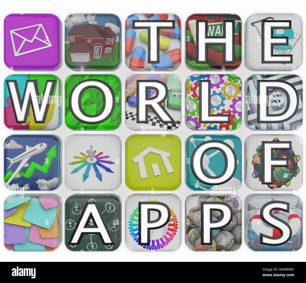 Le monde de tuiles d'applications Applications Mots sort Banque D'Images