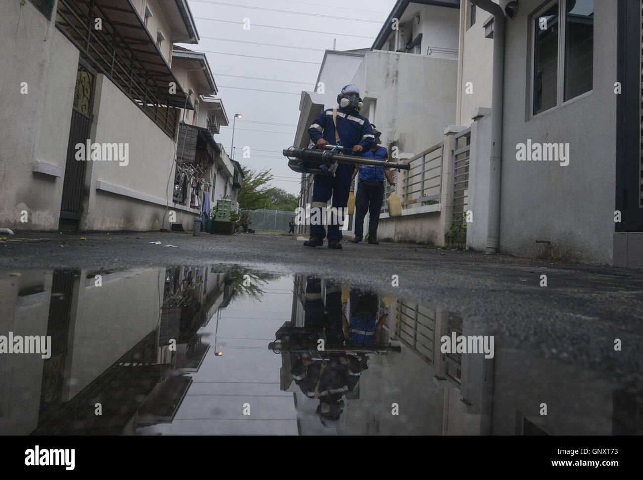 Klang, Selangor, Malaisie. Du 1er septembre 2016. Ministère de la santé de la Malaisie woker fumigates dans un domaine de l'habitation à Klang. Ministère de la santé de la Malaisie d'aujourd'hui annoncer qu'une femme de 58 ans résidant à Bandar Botanic, Klang, Selangor positive de la Zika virus, et était soupçonné d'avoir communiqué avec la maladie lors de la visite de Singapour : Crédit Kepy/ZUMA/Alamy Fil Live News Banque D'Images
