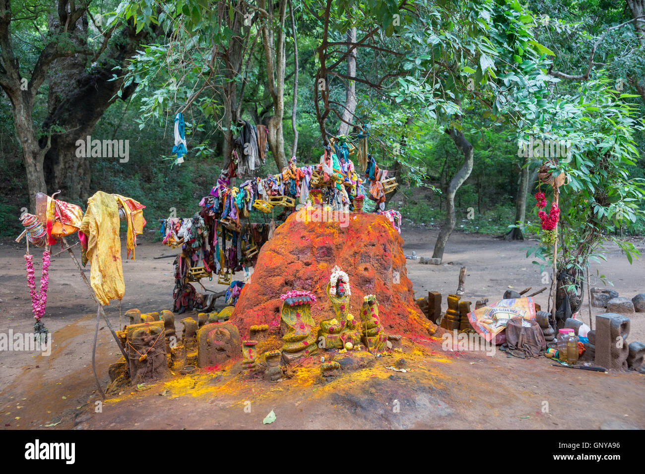 Madurai, Inde - le 19 octobre 2013 : Tree holding avec dons sens de la fécondité est à l'origine de vieux serpent coloré Hill, lieu de culte t Banque D'Images