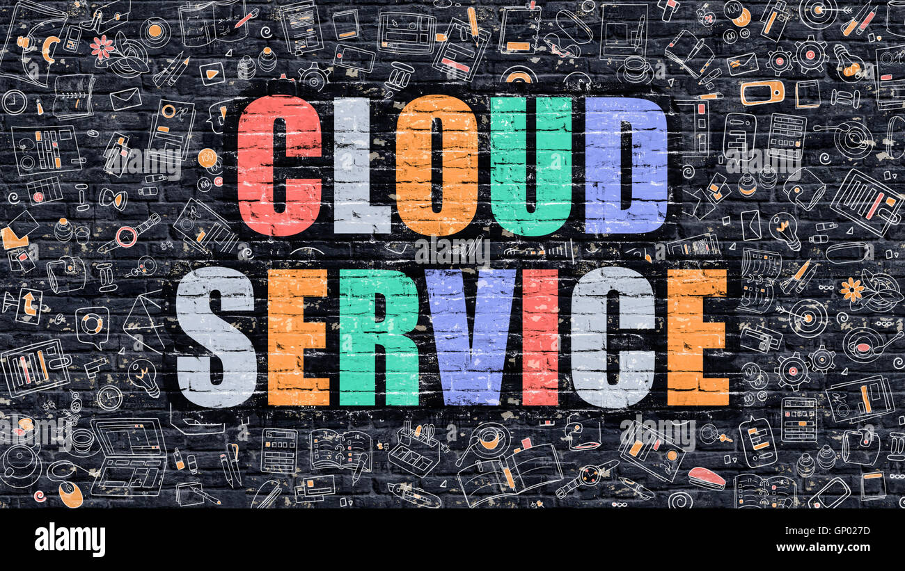 Concept de Service Cloud. Illustration moderne. Service de nuage multicolore dessiné sur un mur de briques sombres. Doodle d'icônes. Style Doodle de Clo Banque D'Images
